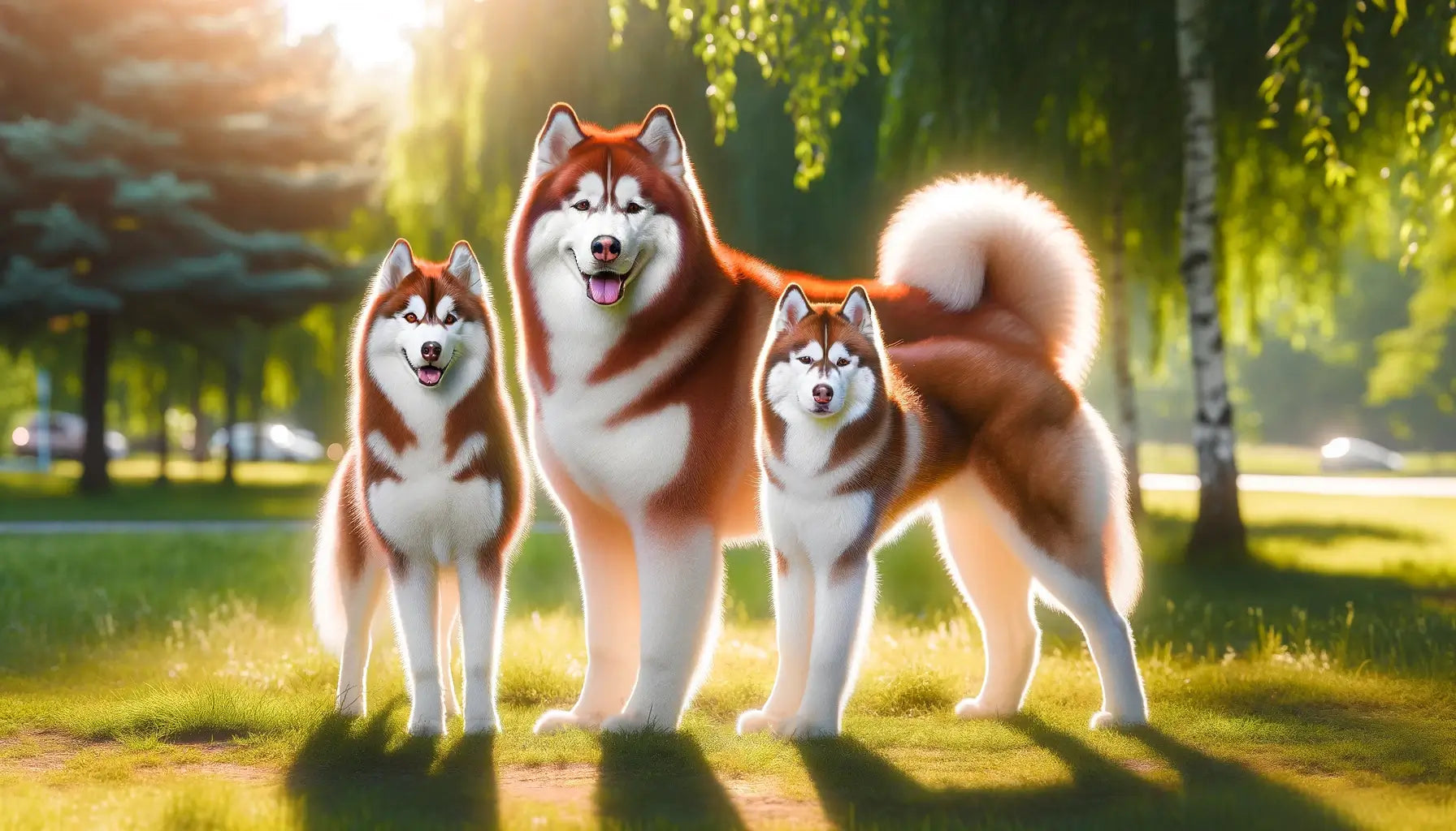 Image showing a male and female Red Husky standing side by side, allowing for a clear comparison of their physical attributes.