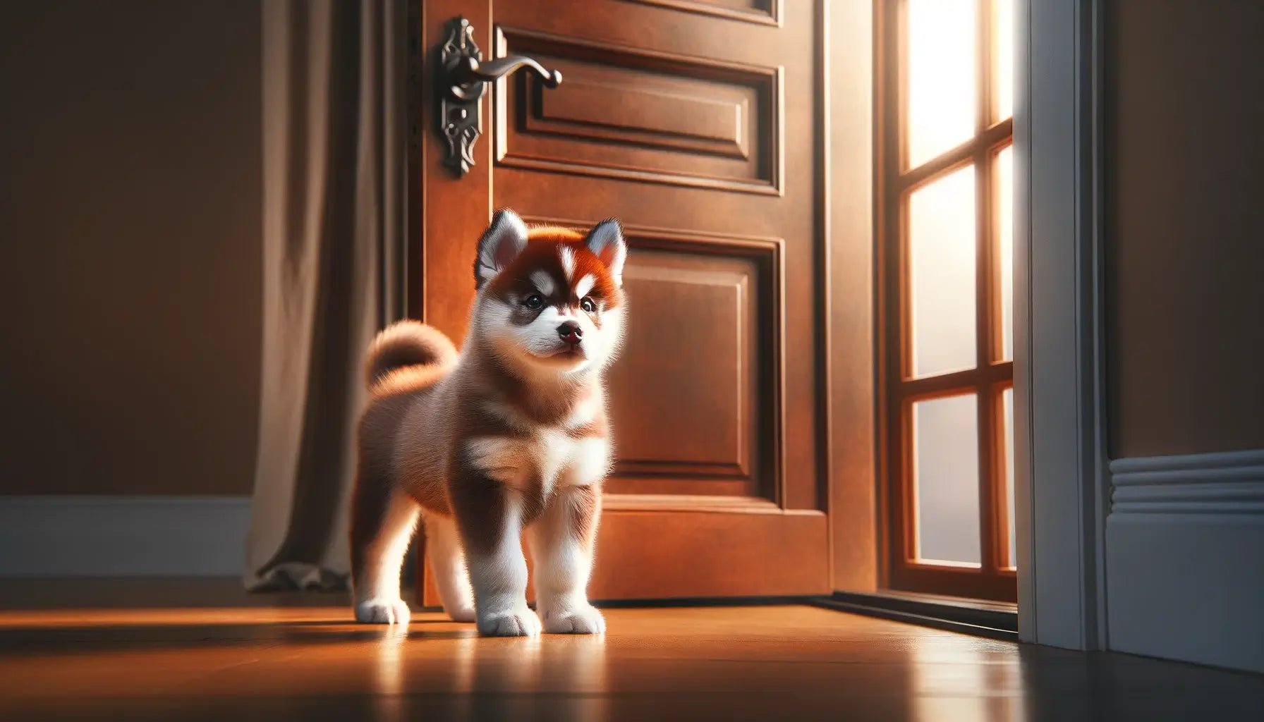 Image showing a confident Red Husky puppy standing by a large door, its compact size contrasted with the door's imposing features.