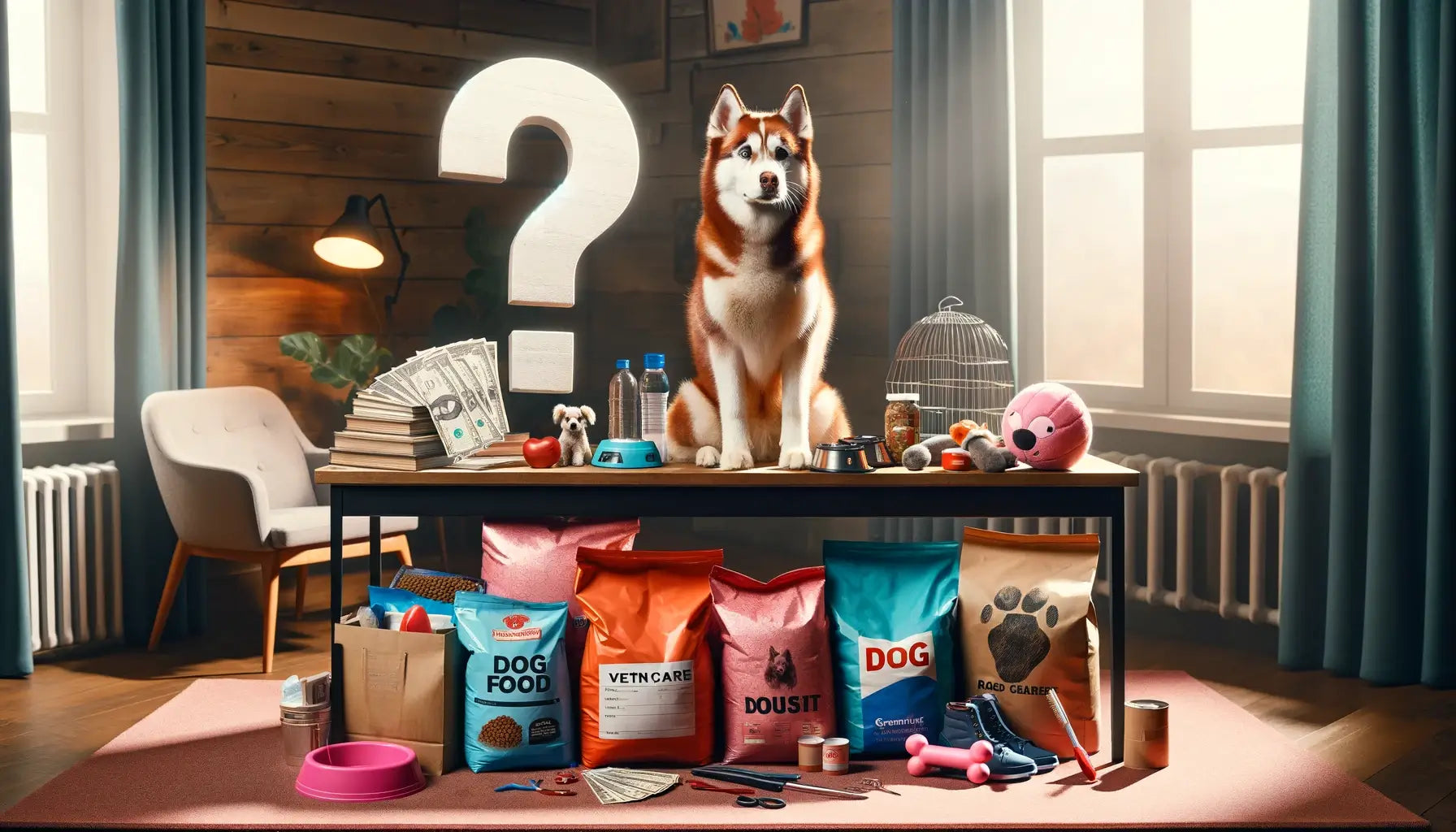 Image showing a Red Husky sitting beside a table covered with various dog-related expenses such as bags of dog food, veterinary.