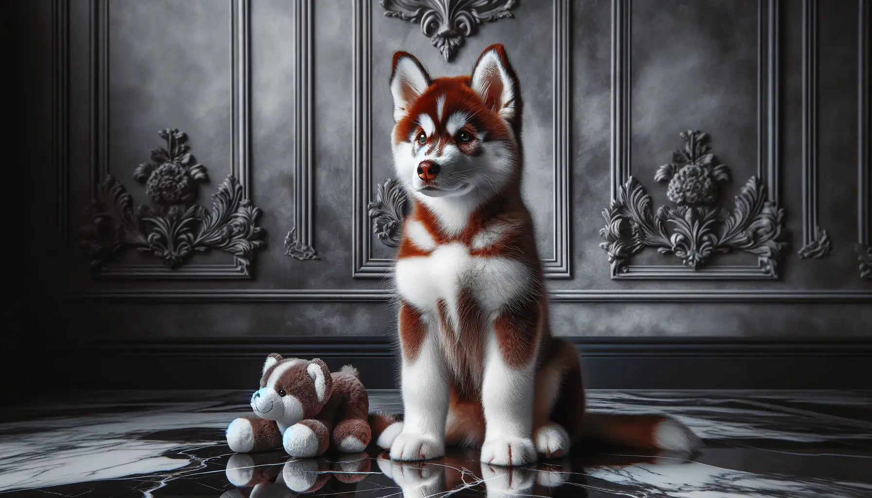 Image showing a Red Husky sitting upright on a marbled floor, with the tricolor fur of its red.