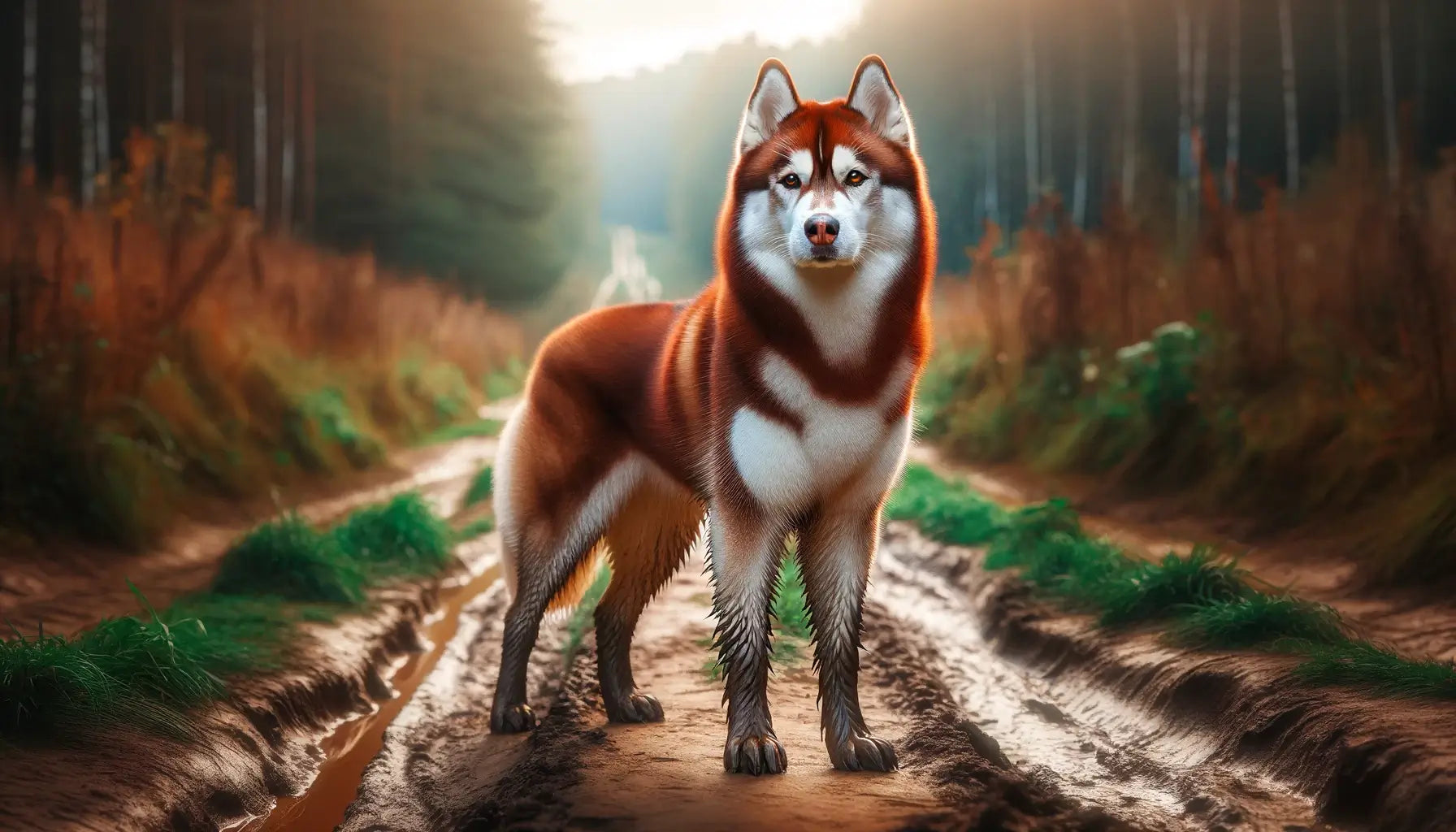 Image showing a confident Red Husky standing on a muddy path in a natural earthy setting.