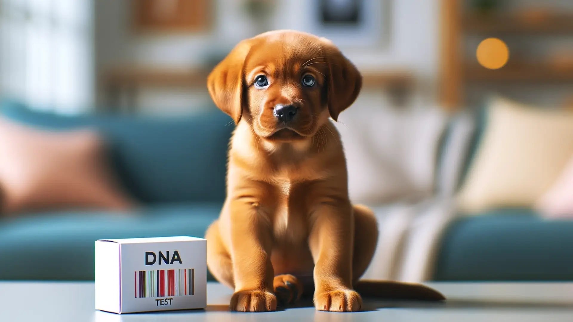 Red Lab puppy next to a DNA test kit, contemplating its genealogy