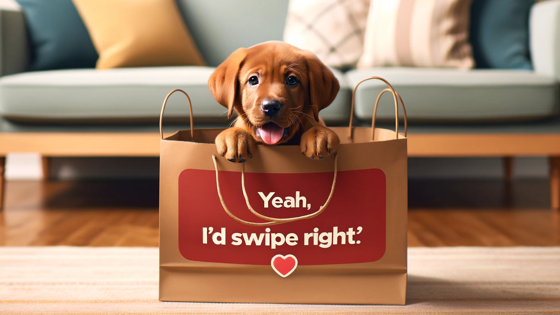Red Lab puppy peeking out from a shopping bag