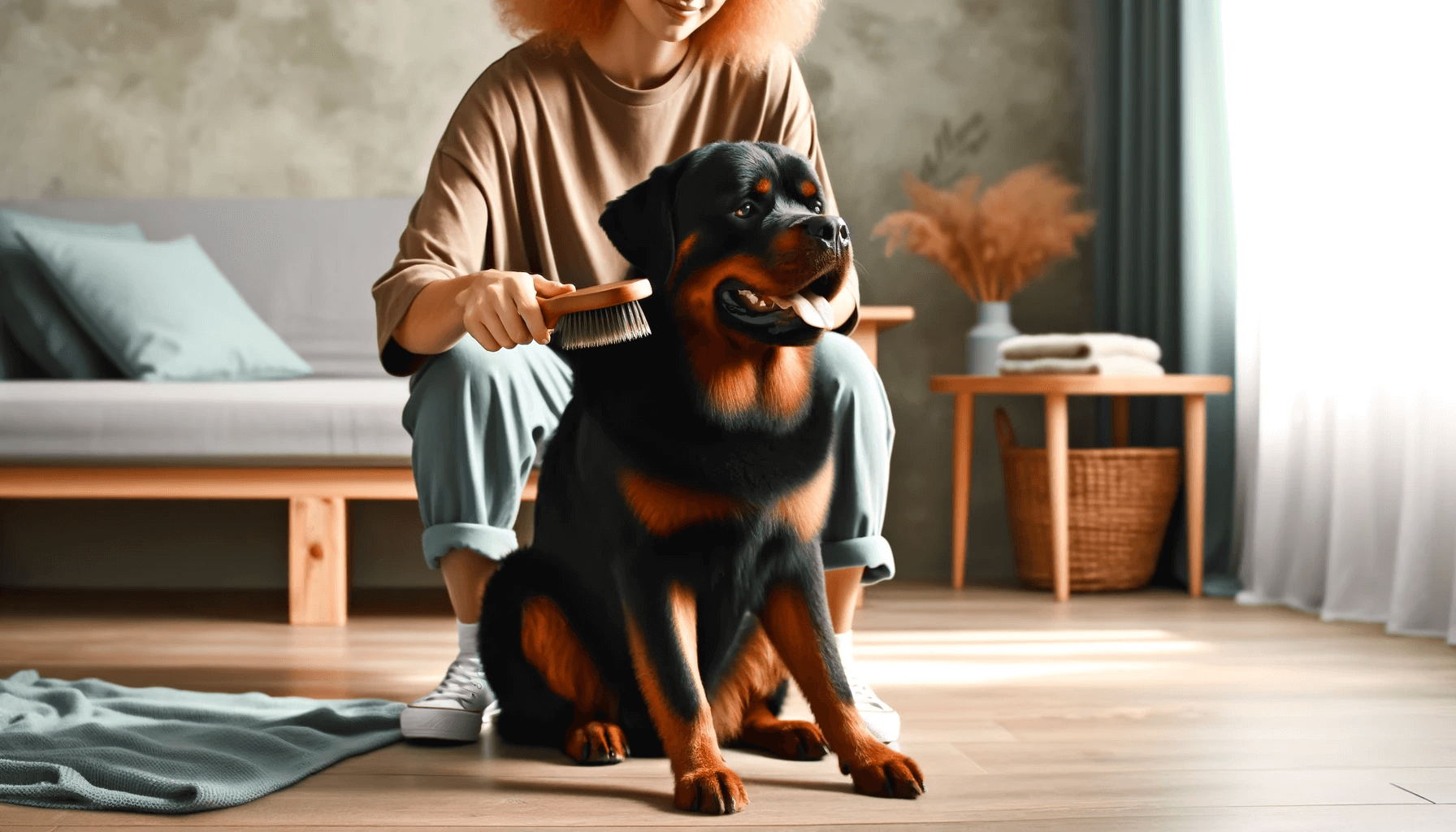 Red Rottweiler being groomed by its owner in a home environment.