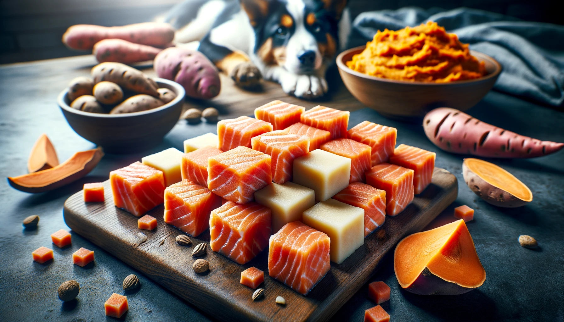 Salmon Sweet Potato Cubes illustrating a nutritious and appealing treat for dogs.