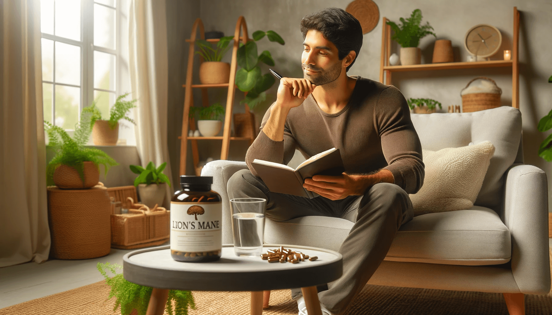 Satisfied individual reflecting on a holistic health journey with Lion's Mane mushroom supplements, embodying a commitment to natural cognitive wellness