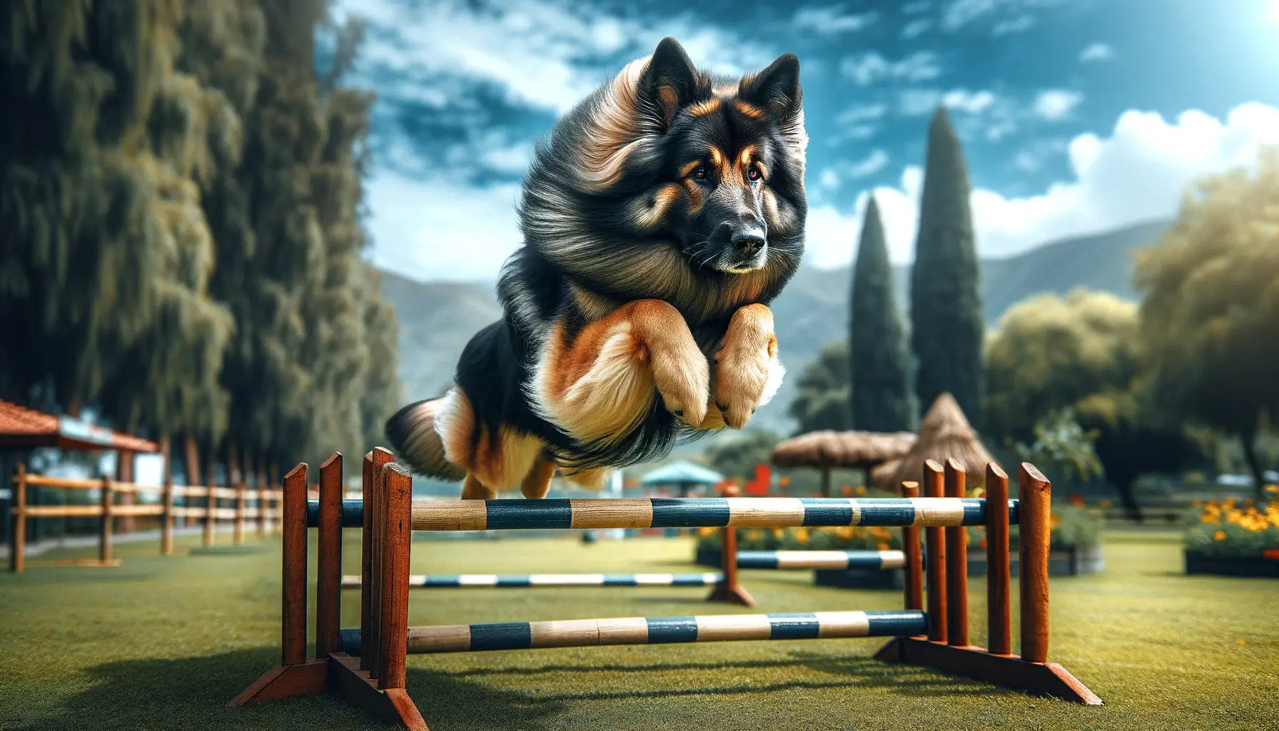 A Shiloh Shepherd dog leaping over a hurdle in a park, showcasing its agility and energy.