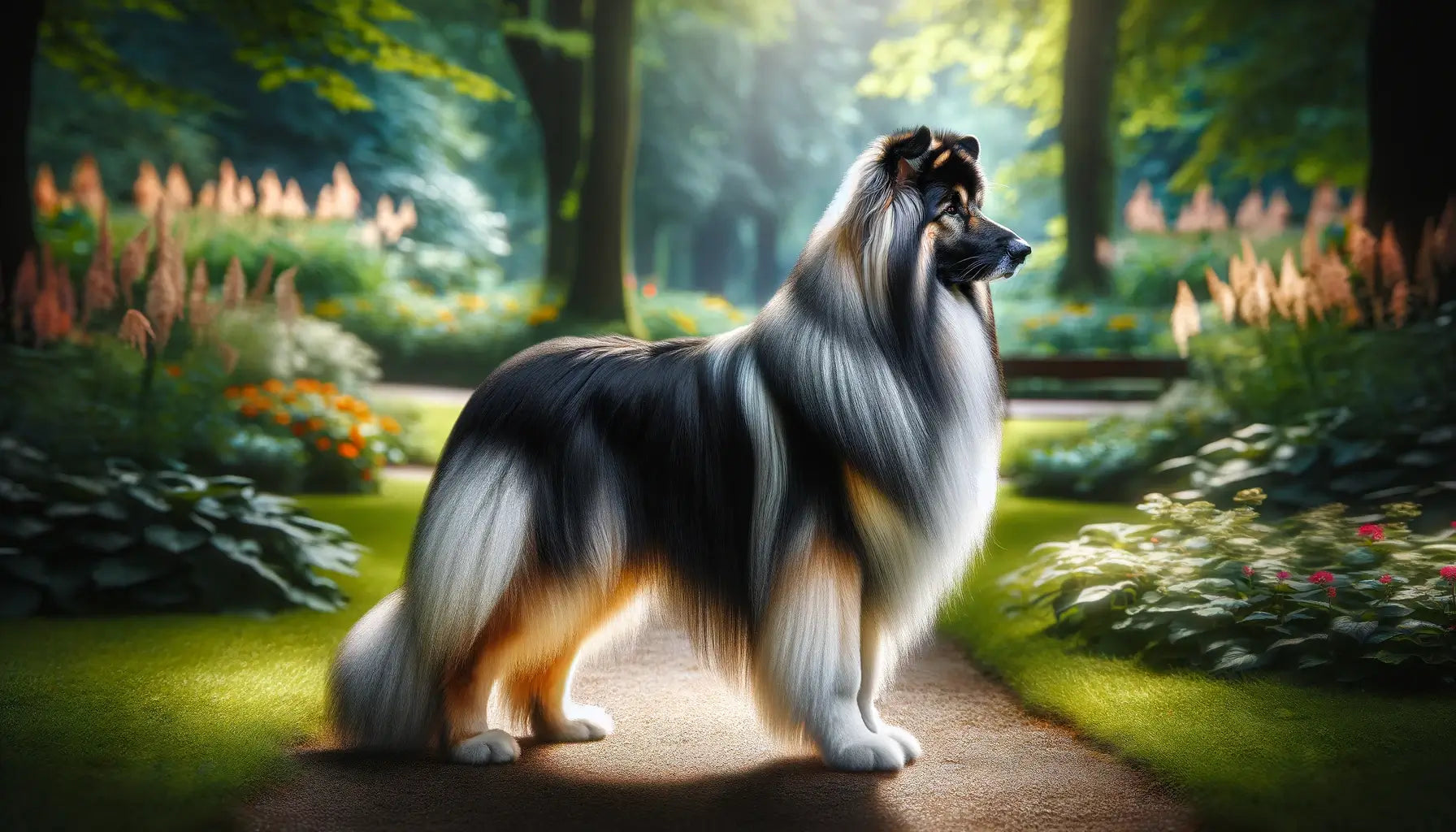 A Shiloh Shepherd in a lush park setting, illustrating the breed's long, flowing coat and balanced physique.
