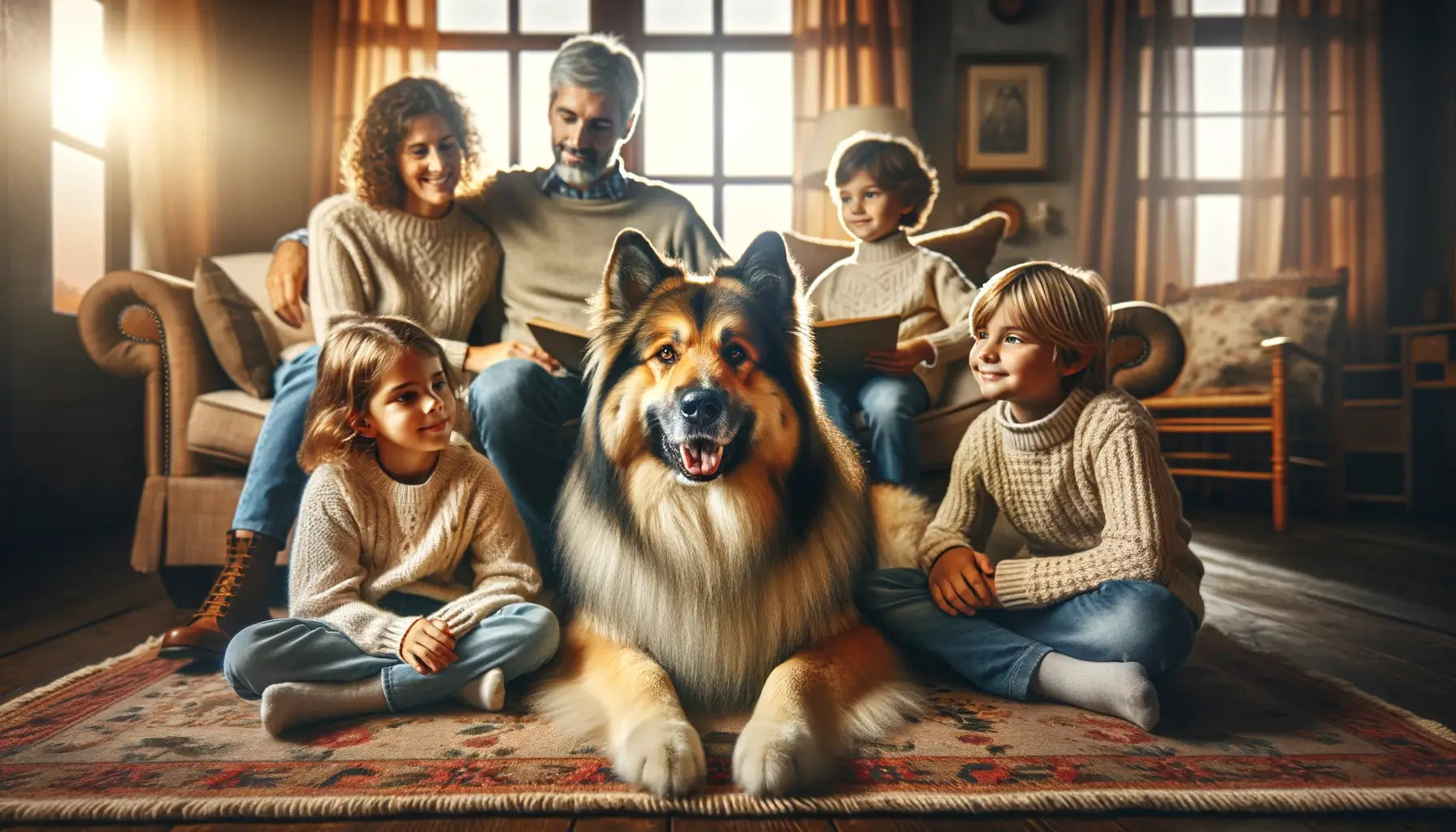 A Shiloh Shepherd integrated into a loving family environment, illustrating the bond between the dog and its family members.
