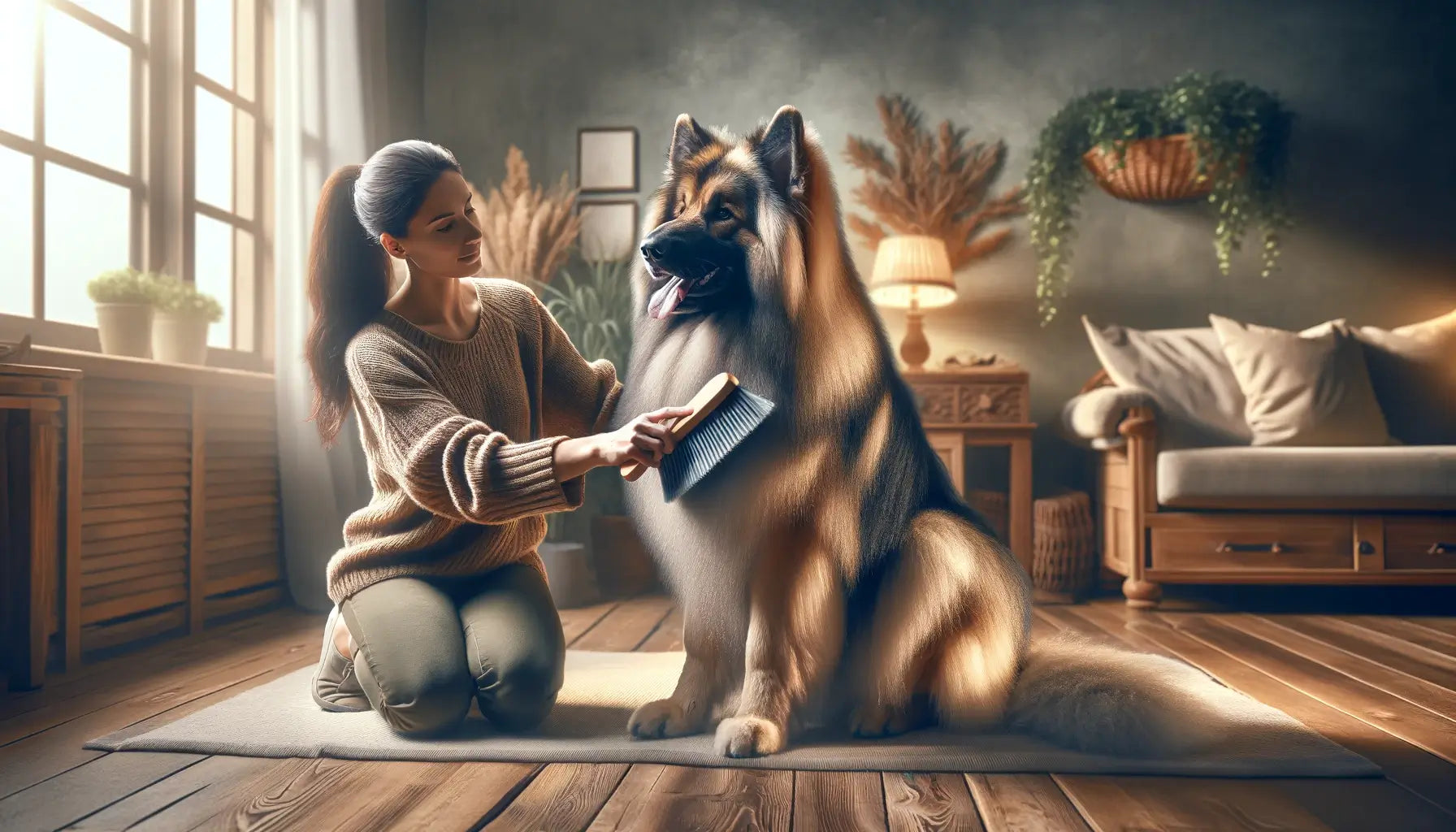 A Shiloh Shepherd being groomed by its owner, emphasizing the care and attention the breed requires.
