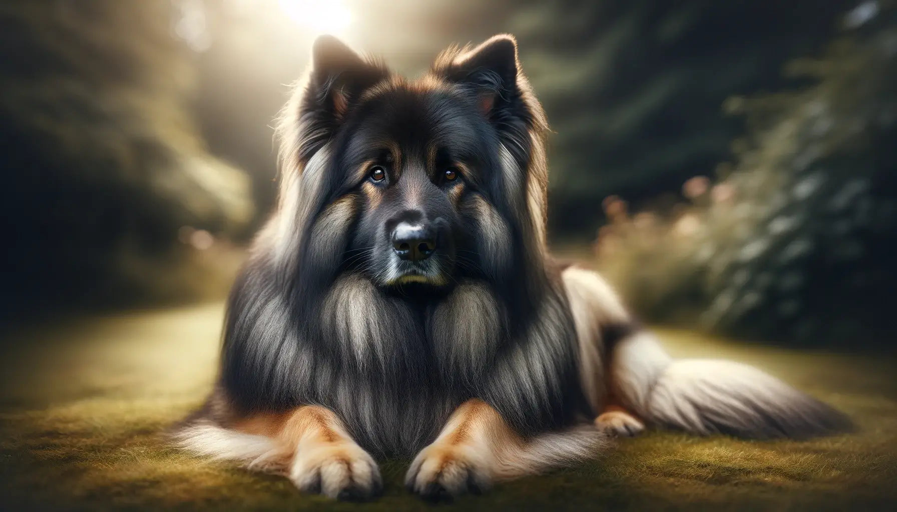 A Shiloh Shepherd lies calmly on the grass, showcasing its dense coat and thoughtful expression that reflect a quiet strength and watchful nature.