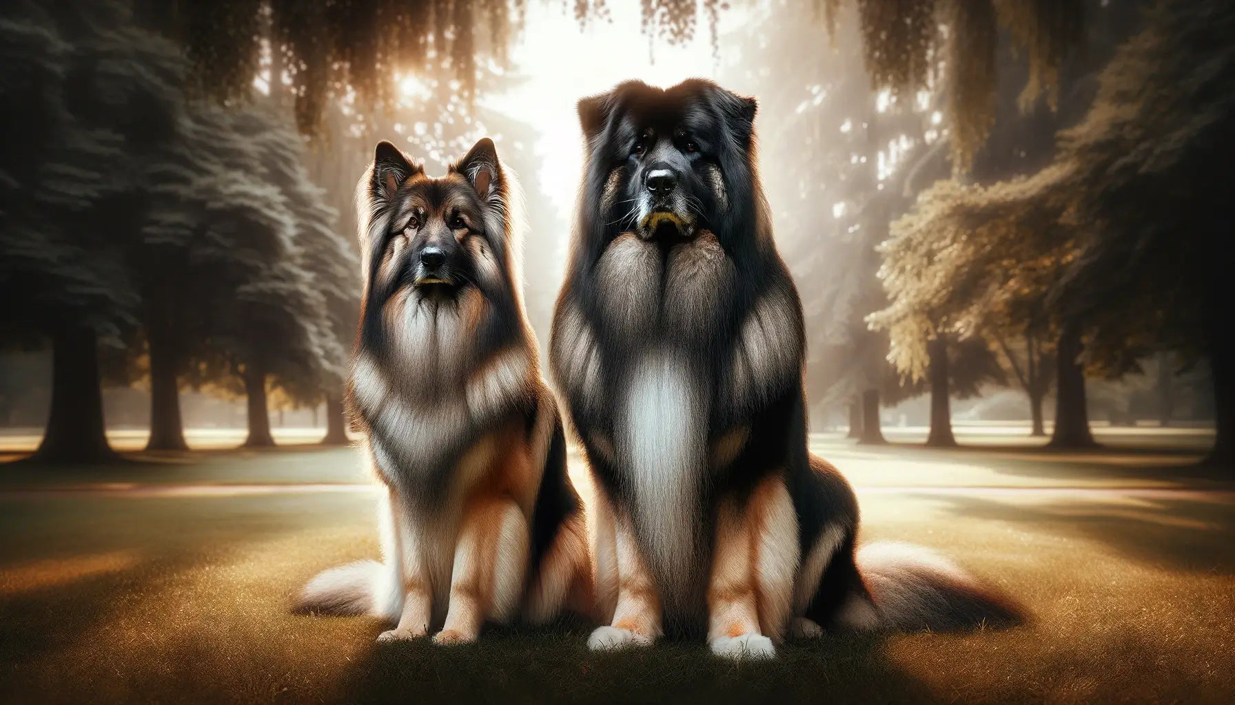 A male and female Shiloh Shepherd standing side by side, showcasing their stature and coat differences.