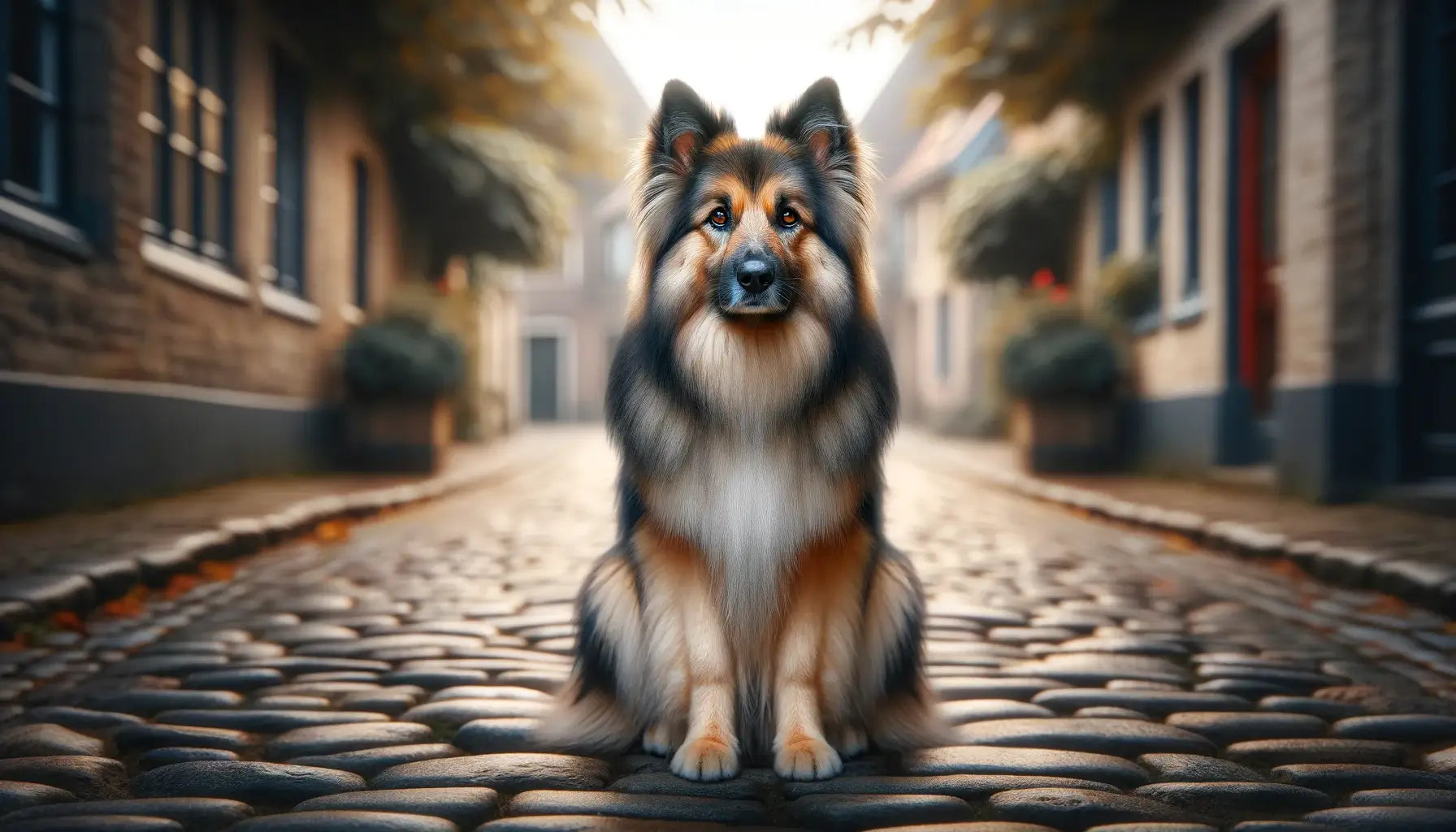 A Shiloh Shepherd on a cobblestone path displaying the breed's approachable attitude and watchful eyes.