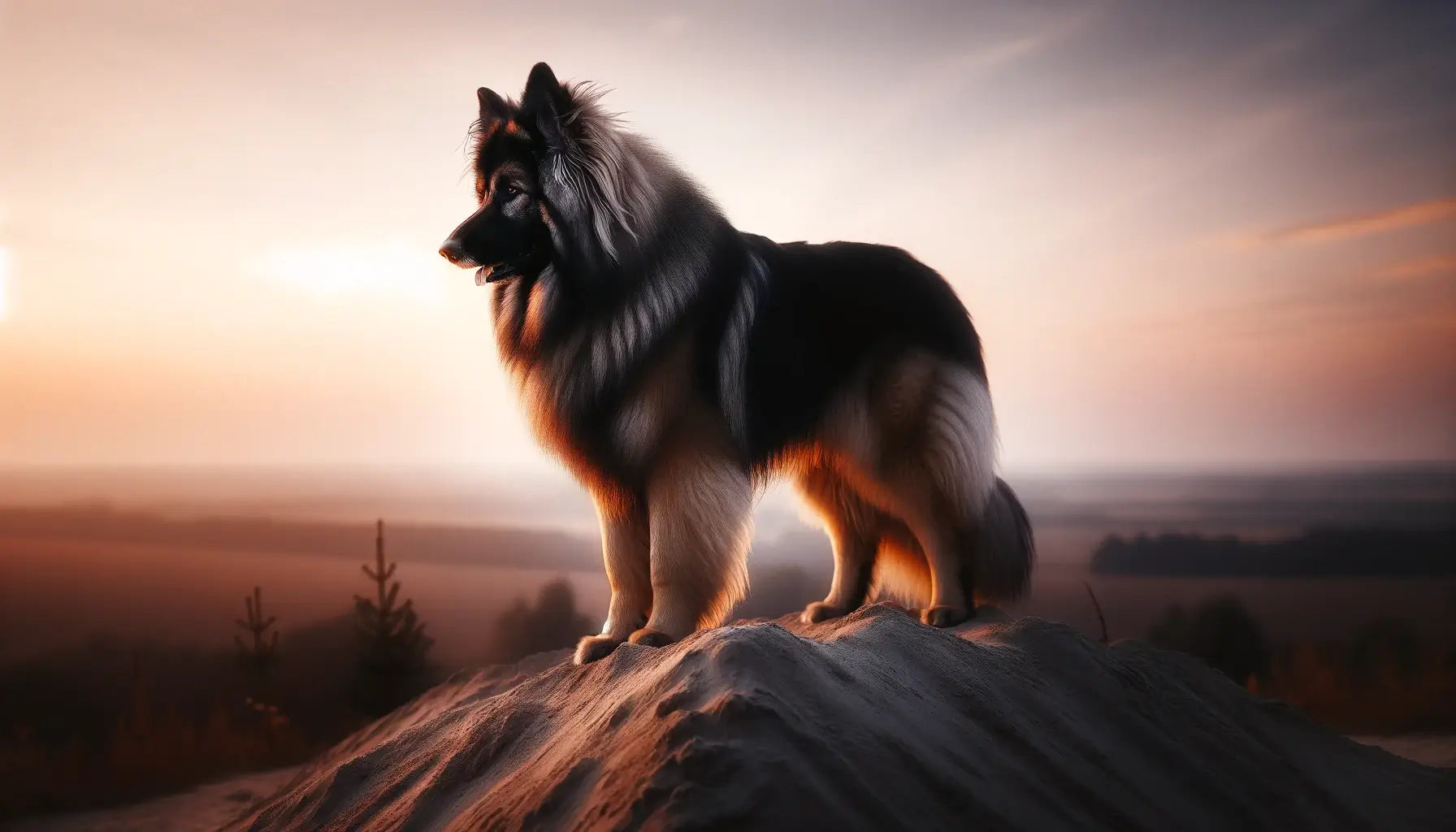 A Shiloh Shepherd shown from a side profile atop a hill or mound, displaying its alert stance and thick fur.