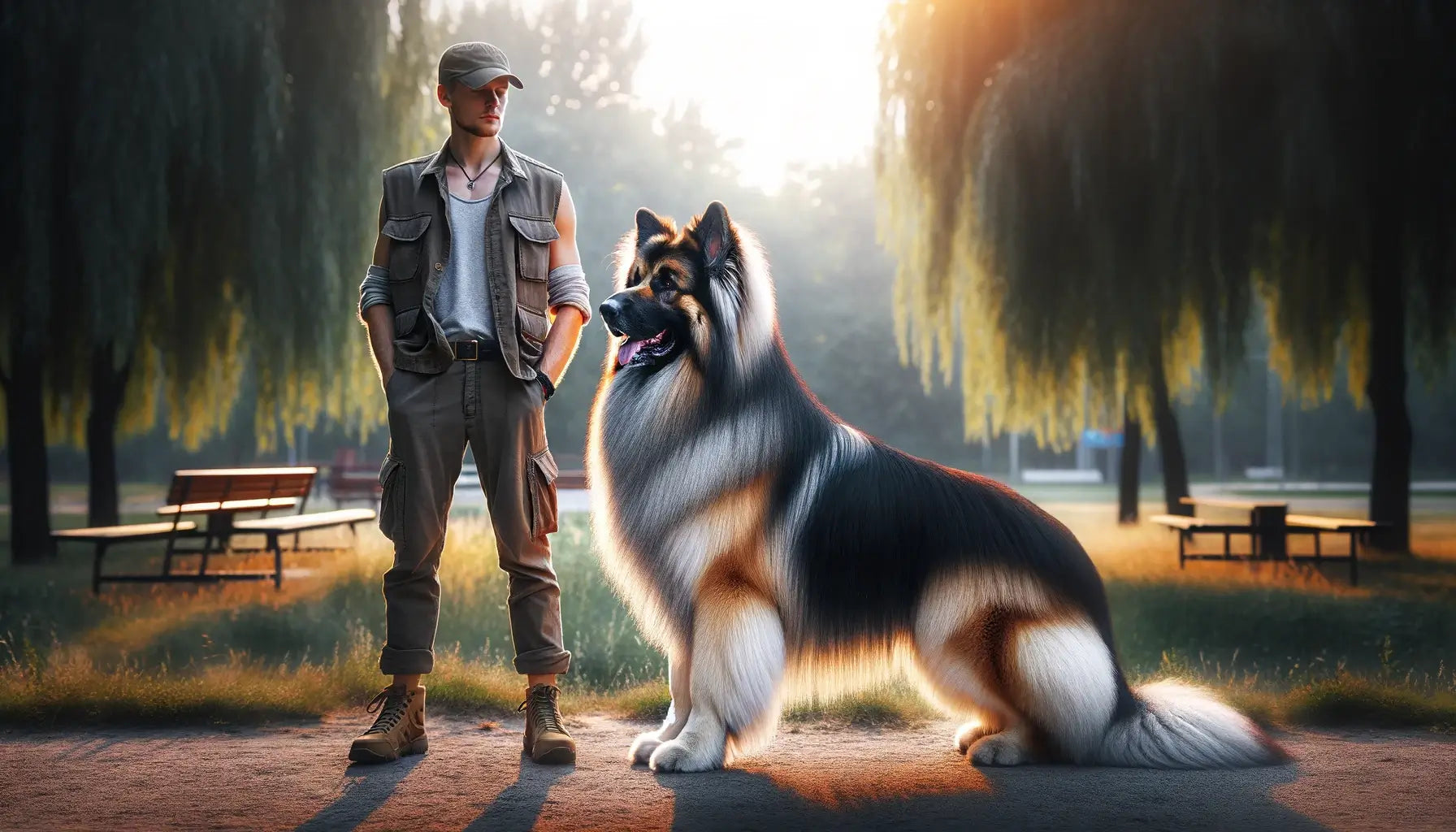 A Shiloh Shepherd standing alongside a person, showcasing the breed's large size.