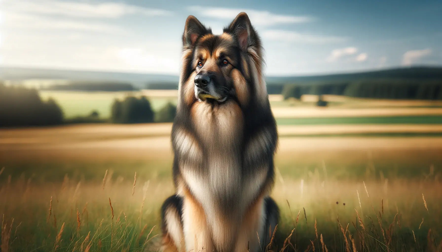 A Shiloh Shepherd standing on a grassy field, embodying a focused and noble expression.