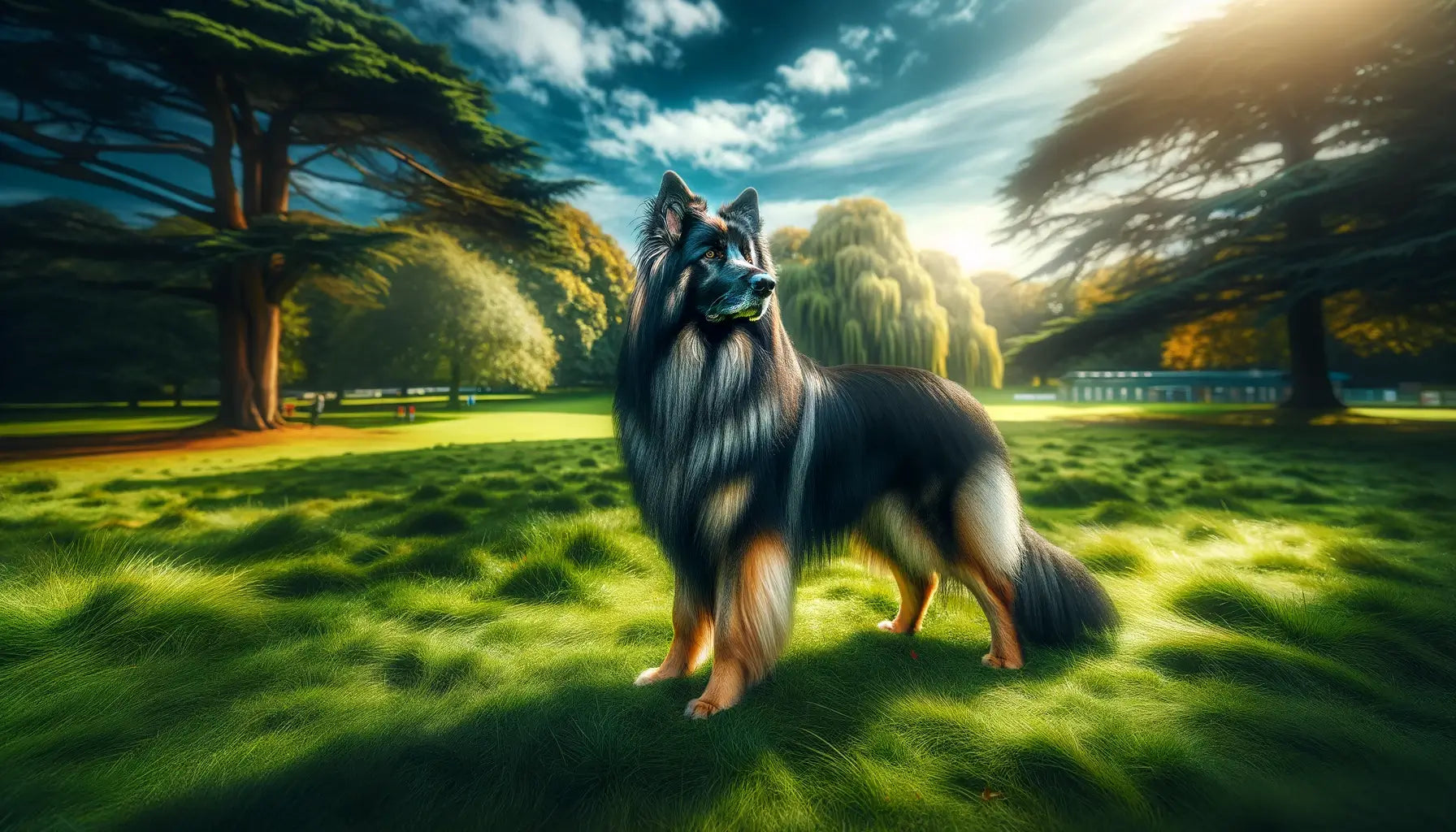 A Shiloh Shepherd standing on a grassy field with a backdrop of trees and a clear sky, showcasing the breed's alertness and sturdy physique.