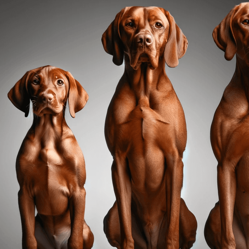 Side-by-side comparison of a male and female Vizsla Lab Mix showcasing the size difference
