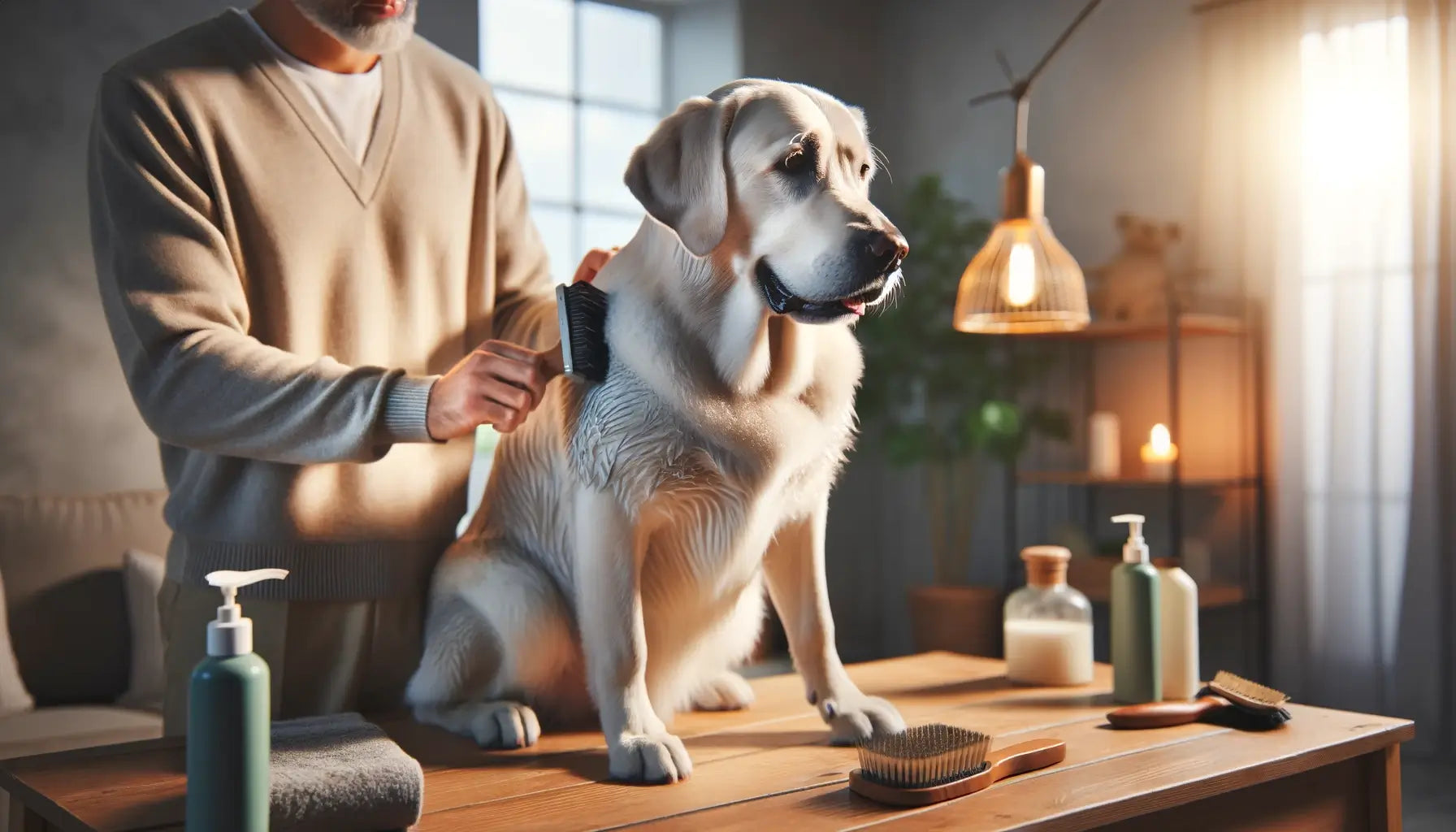 A Silver Lab being groomed by its owner in a home environment.