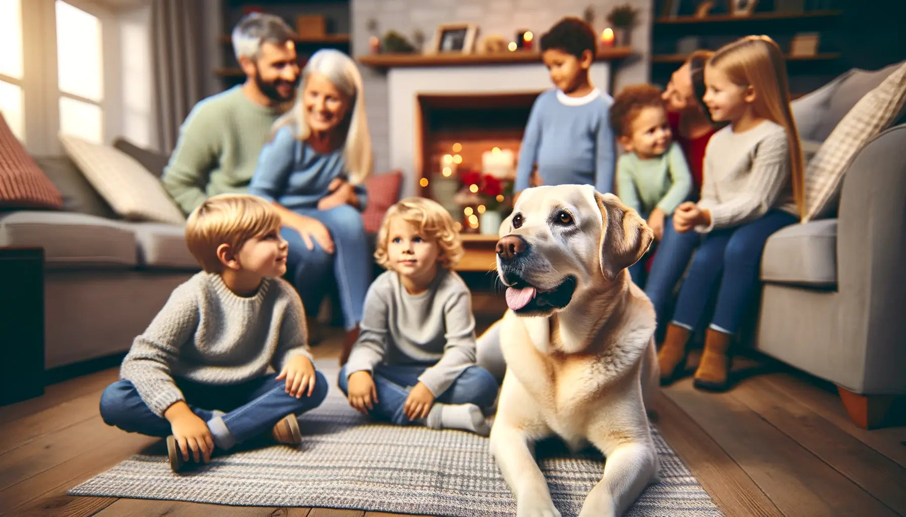 A Silver Lab in a family setting, surrounded by children and adults in a cozy home environment.