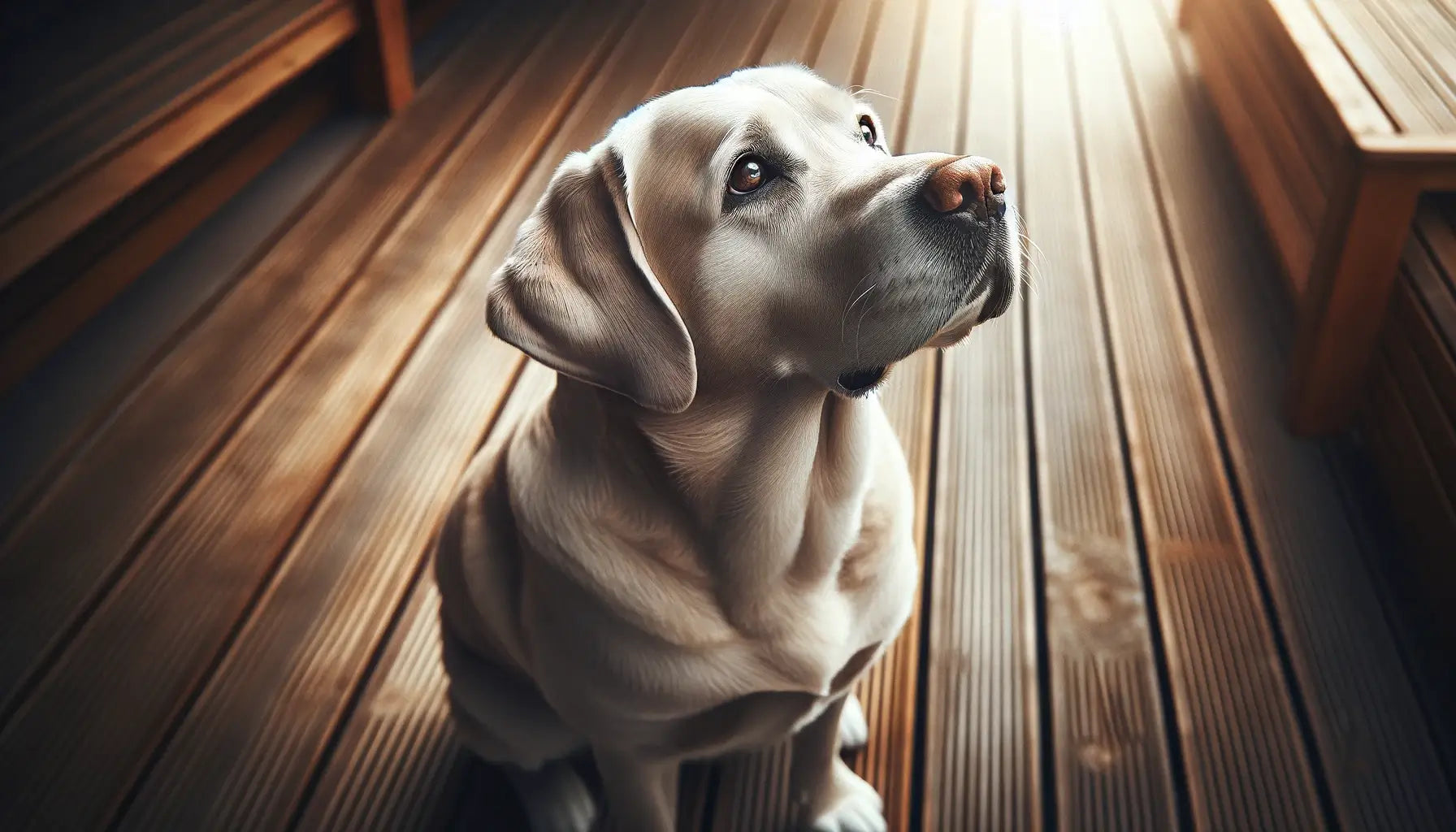 A Silver Lab looking upwards with a gentle and attentive expression, seated on what appears to be a wooden deck.