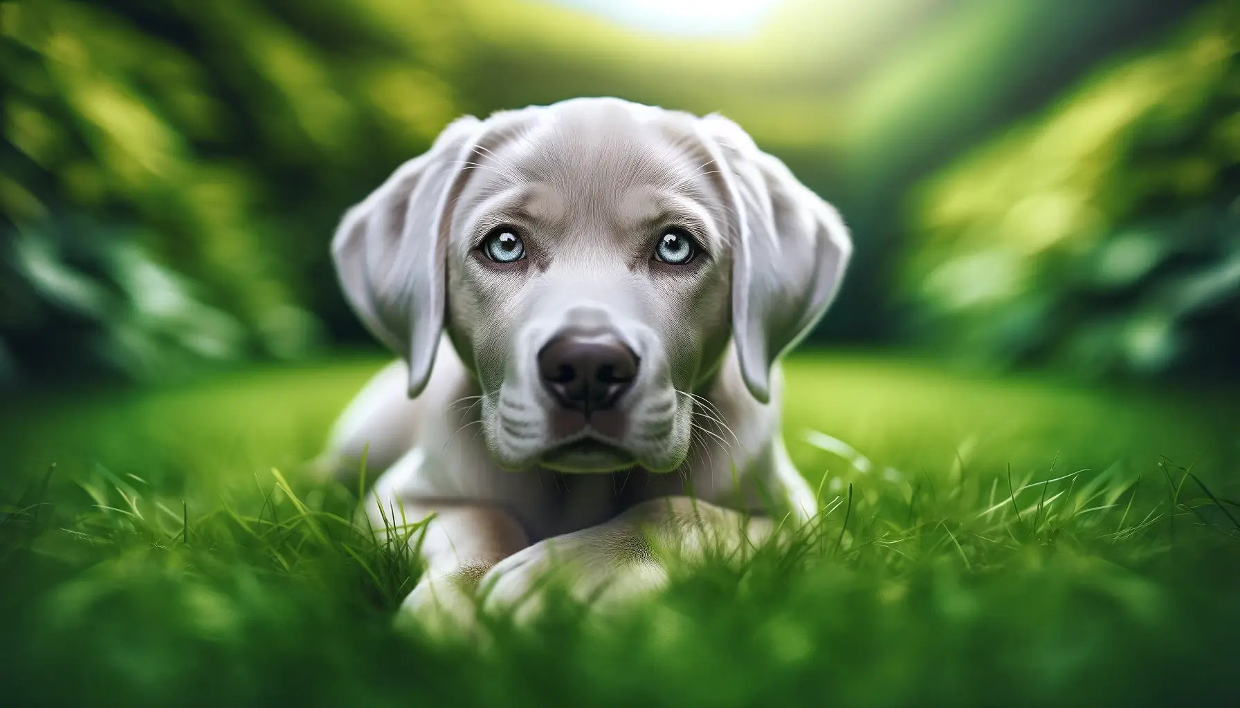 A Silver Lab lying on grass, its contemplative look and light blue eyes offering a glimpse into its gentle nature.