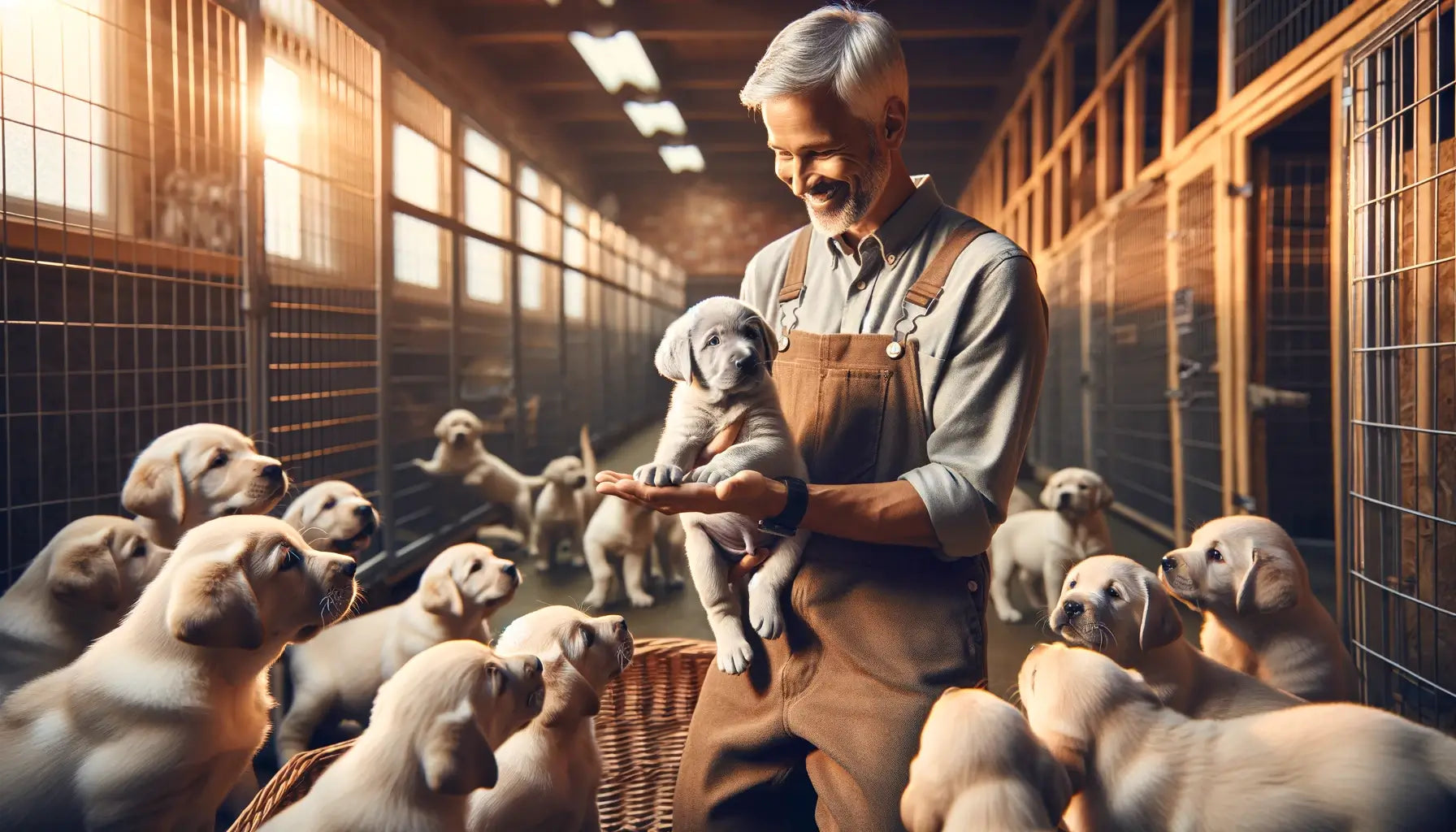 Silver Lab puppies being introduced to a potential owner.