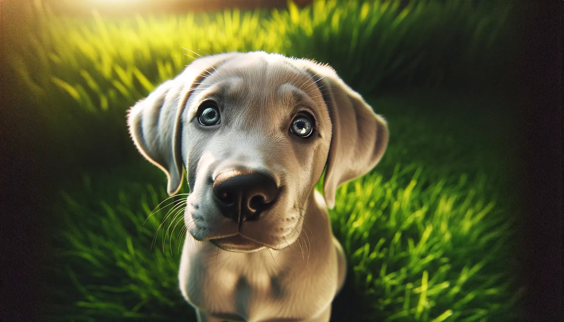 A close-up of a Silver Lab puppy's face, with the puppy looking directly at the camera, set against a backdrop of vibrant green grass.