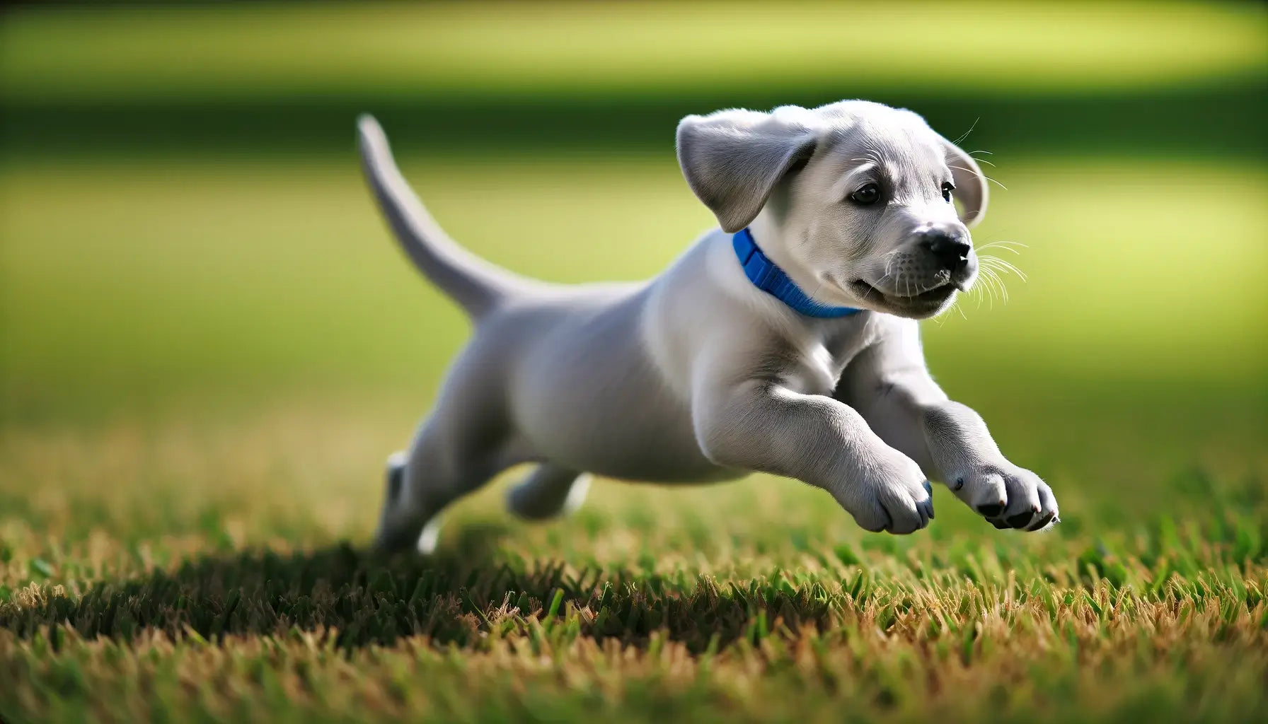A Silver Lab puppy with a blue collar captured mid-stride on grass, showcasing a playful and energetic demeanor.