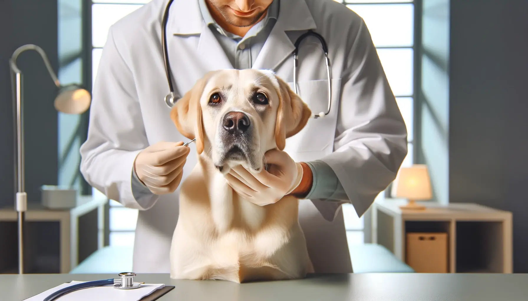 A Silver Lab receiving a health check from a veterinarian in a clinic.
