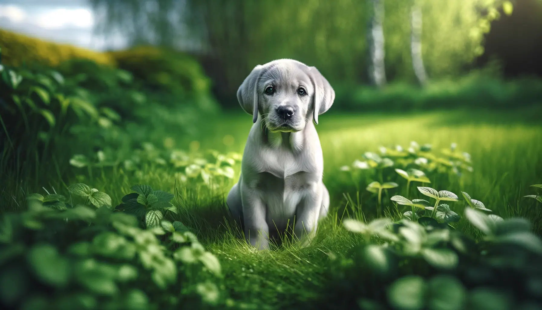 A Silver Lab sits in the grass, its miniature stature emphasized by the lush greenery around it.