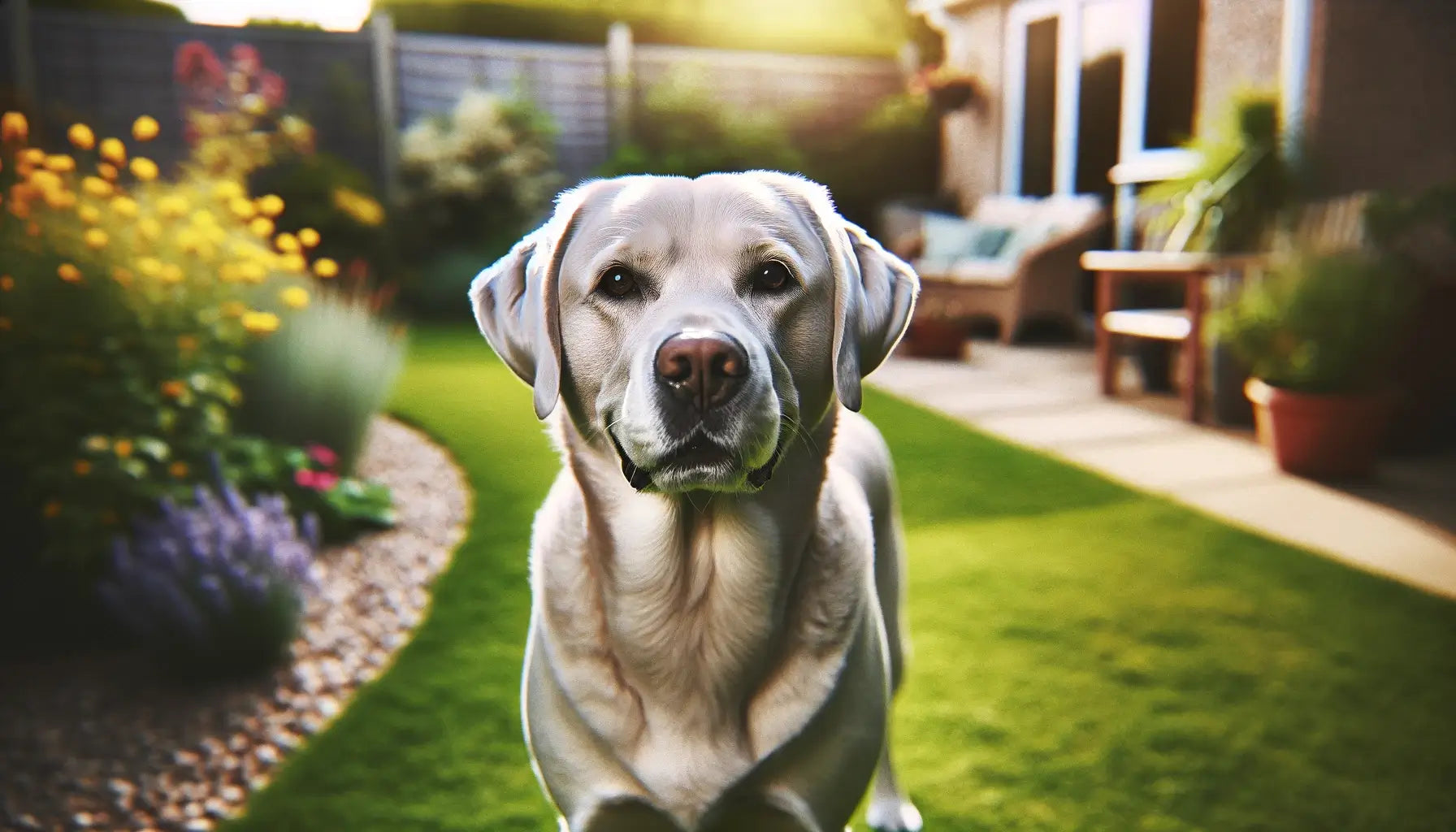 A Silver Lab standing in a yard, looking directly into the camera with a relaxed and happy expression.