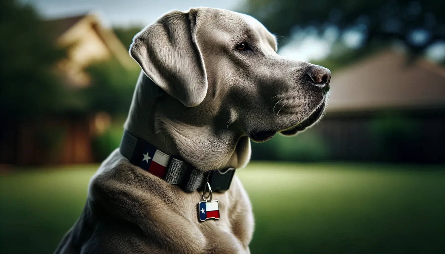 A Silver Lab with a collar featuring a Texas flag, highlighting the dog's strong build and calm composure.