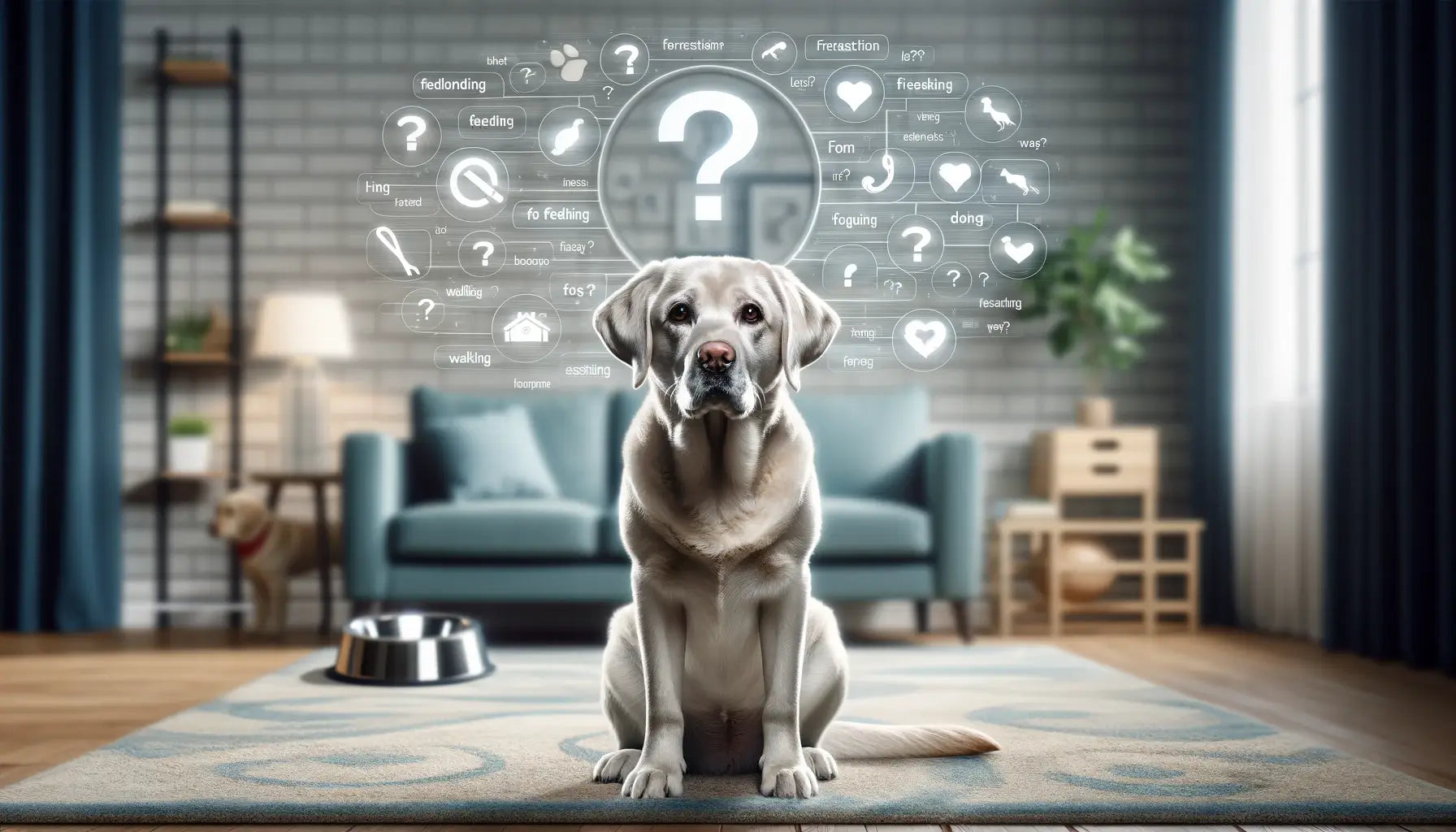 A Silver Lab with a question mark above its head, symbolizing frequently asked questions about the breed.