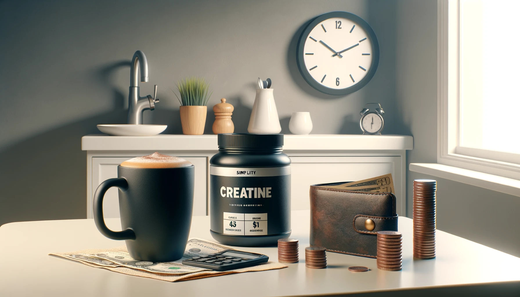 Simplicity in a Cup - A minimalist kitchen scene with a cup of creatine coffee on a counter next to a wallet with coins, symbolizing affordability.