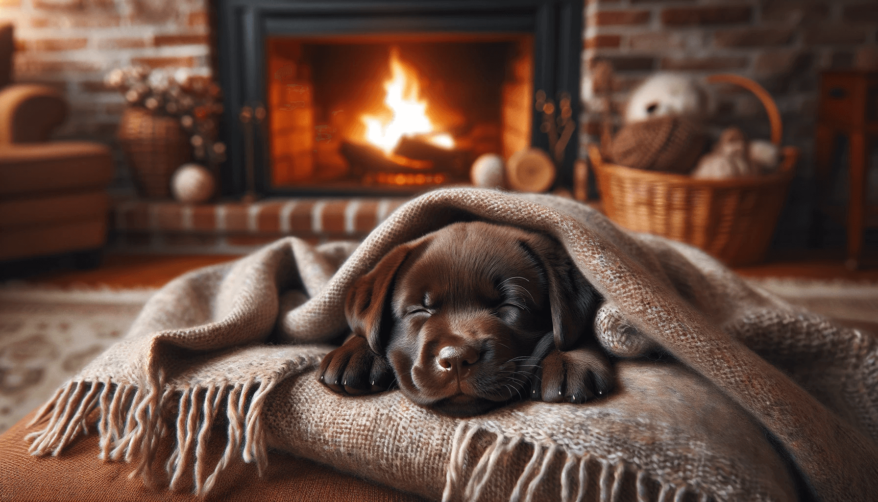 Sleepy Chocolate Lab Puppy Snuggled in a Cozy Blanket by a Crackling Fireplace