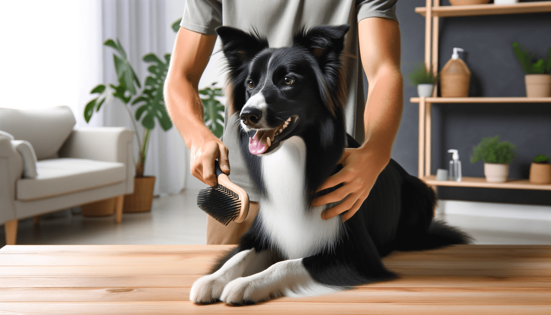 Smooth Coat Border Collie being groomed by its owner in a home environment.