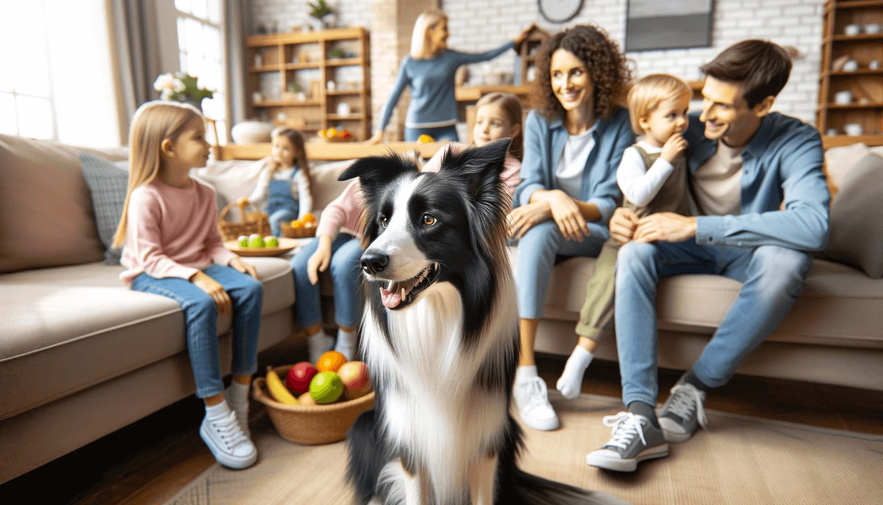Smooth Coat Border Collie in a family setting, surrounded by children and adults in a home environment.