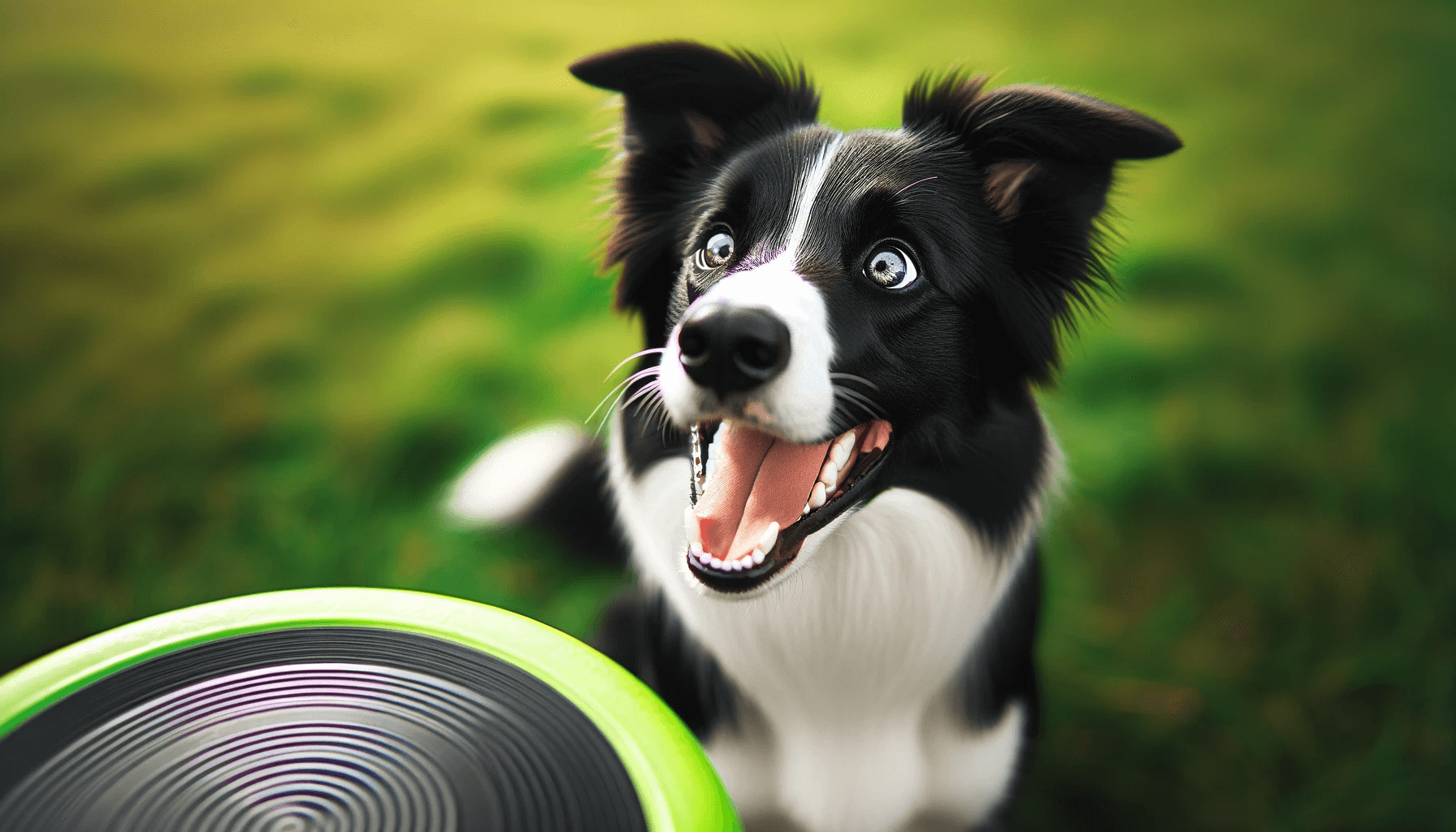 Smooth Coat Border Collie looking eagerly at a frisbee on the ground in front of it.