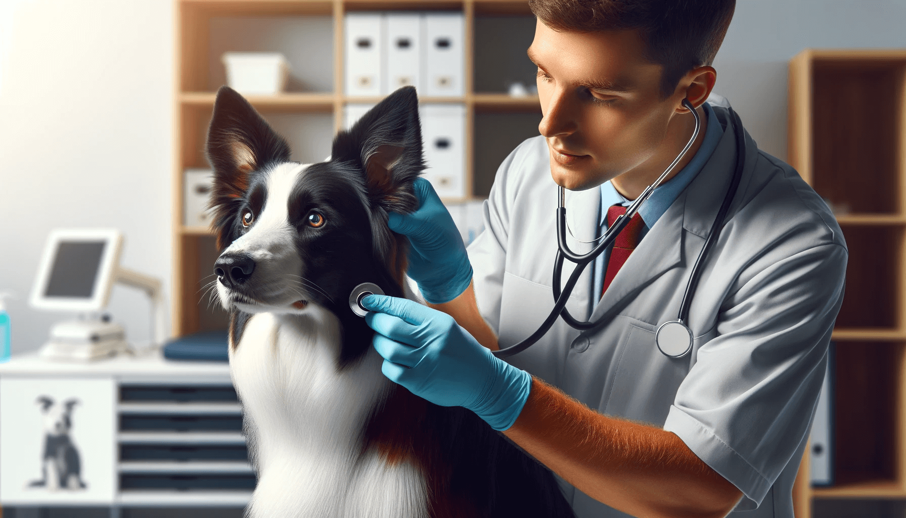 Smooth Coat Border Collie receiving a health check from a veterinarian.