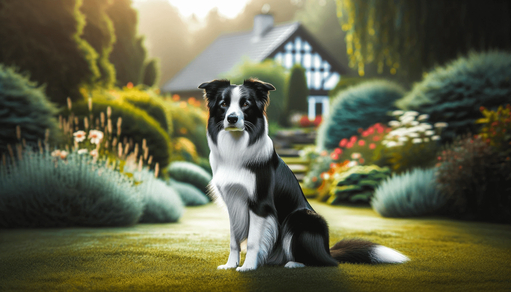 Majestic and calm Smooth Coat Border Collie sitting in a serene garden, looking majestic and calm.