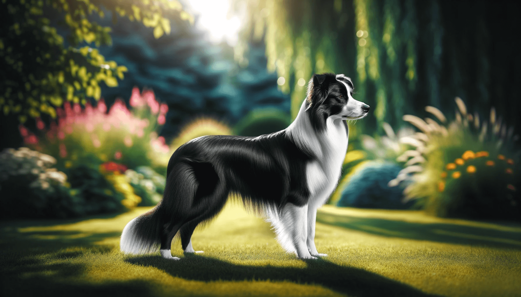 Smooth Coat Border Collie standing in a picturesque outdoor setting.