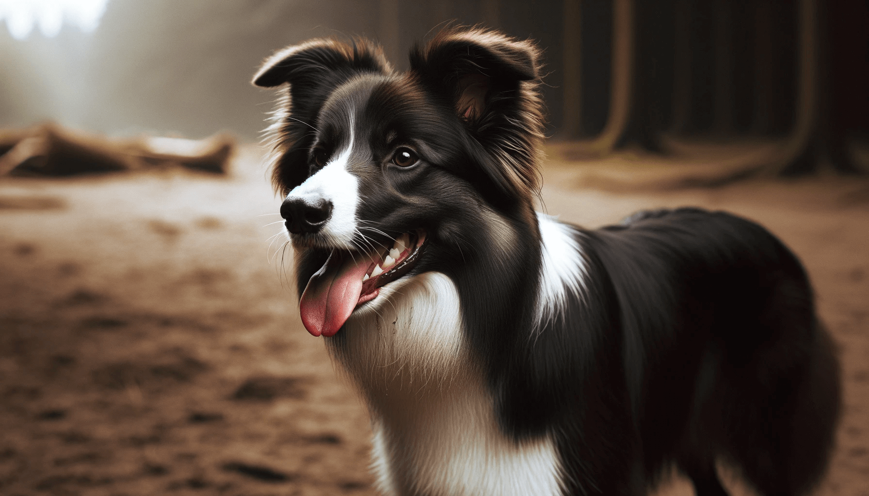 Smooth Coat Border Collie standing on a dirt surface, tongue out, possibly panting indicating recent activity or play.