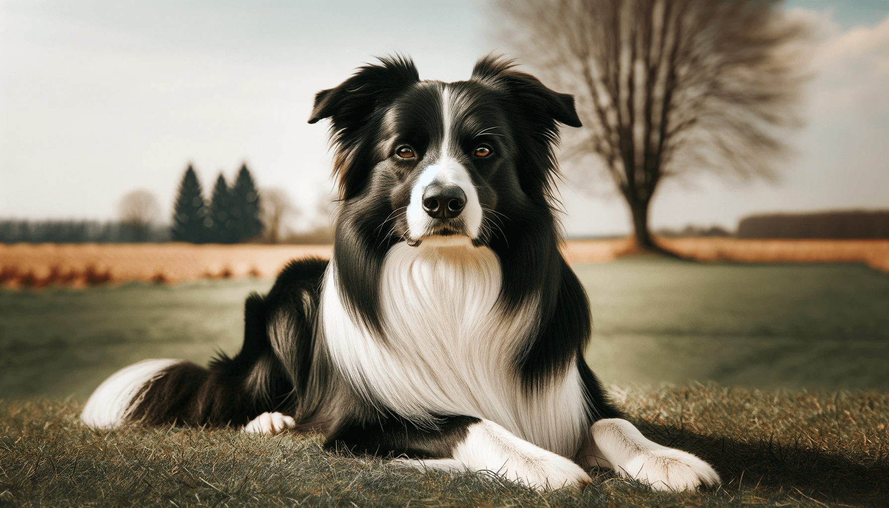 Smooth Coat Border Collie with a calm and confident expression lying on a grassy field.
