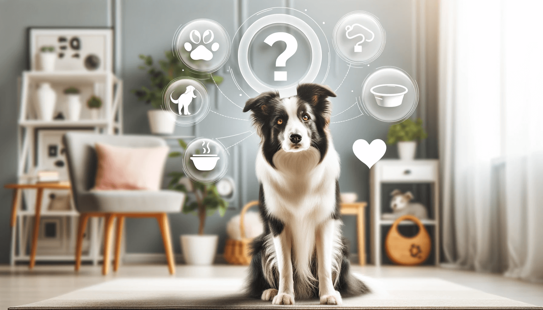 Smooth Coat Border Collie with a question mark above its head, symbolizing frequently asked questions about the breed.