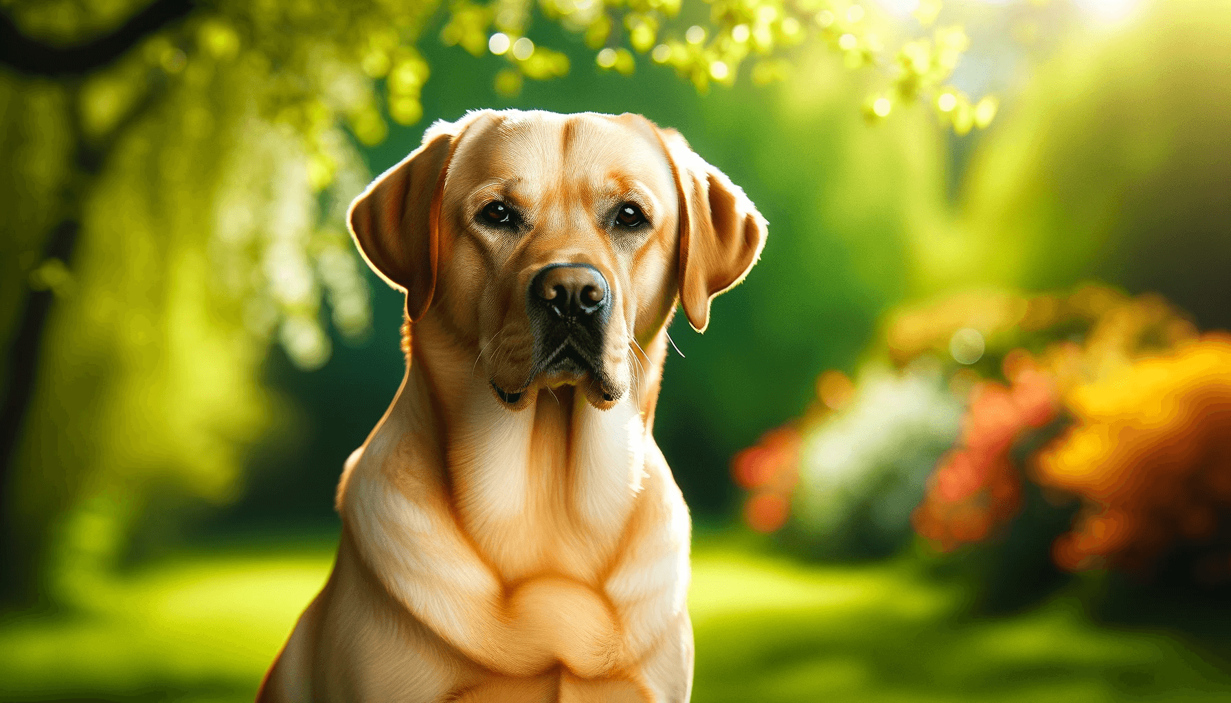 Stunning portrait of a yellow Labrador Retriever (Labradorii) with a shiny coat set against a vibrant outdoor backdrop. The image focuses on the Labrador positioned gracefully.