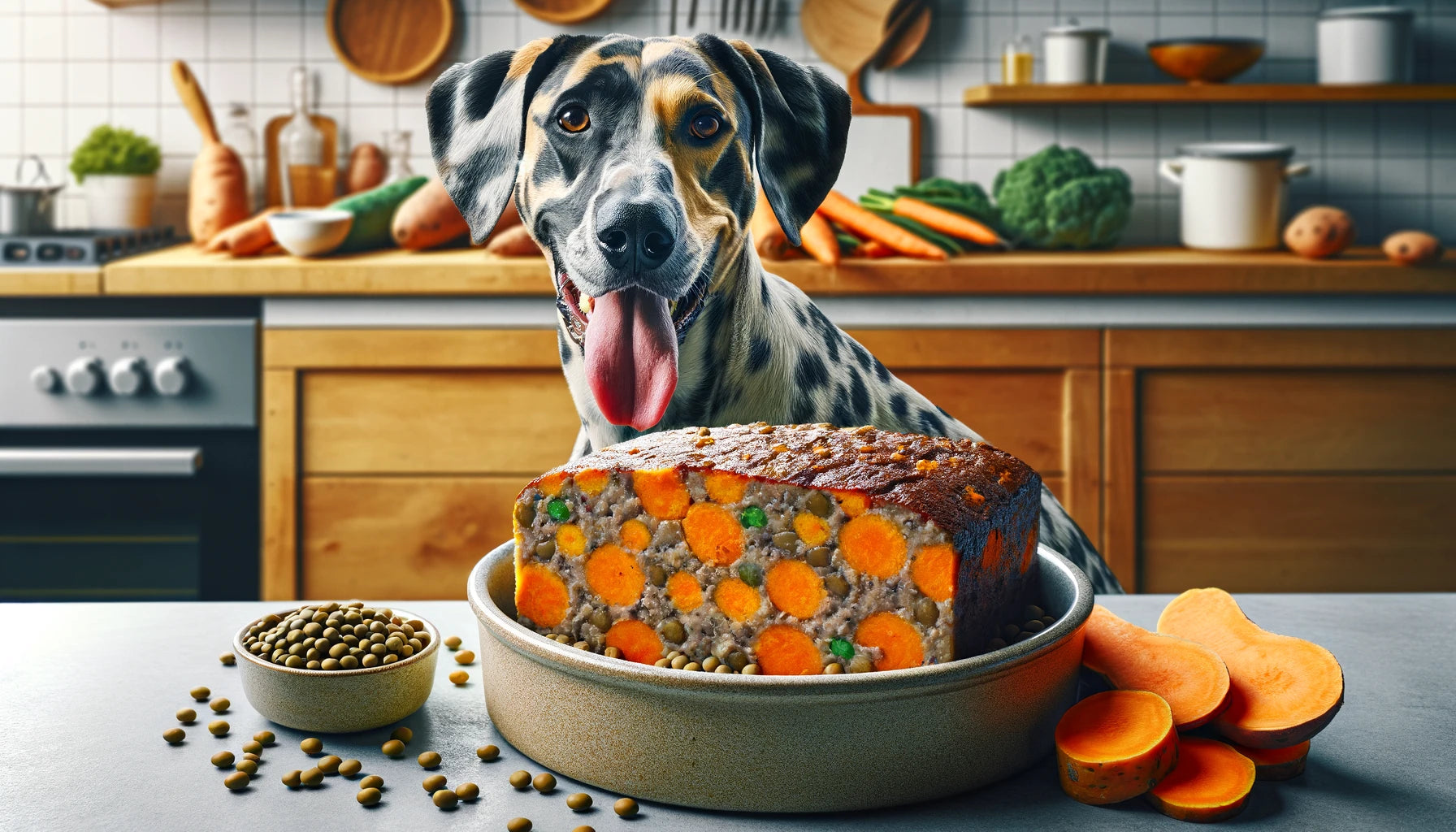 Sweet Potato and Lentil Loaf in a dog's bowl with a Catahoula Leopard Dog sitting next to it, tongue out as if panting.
