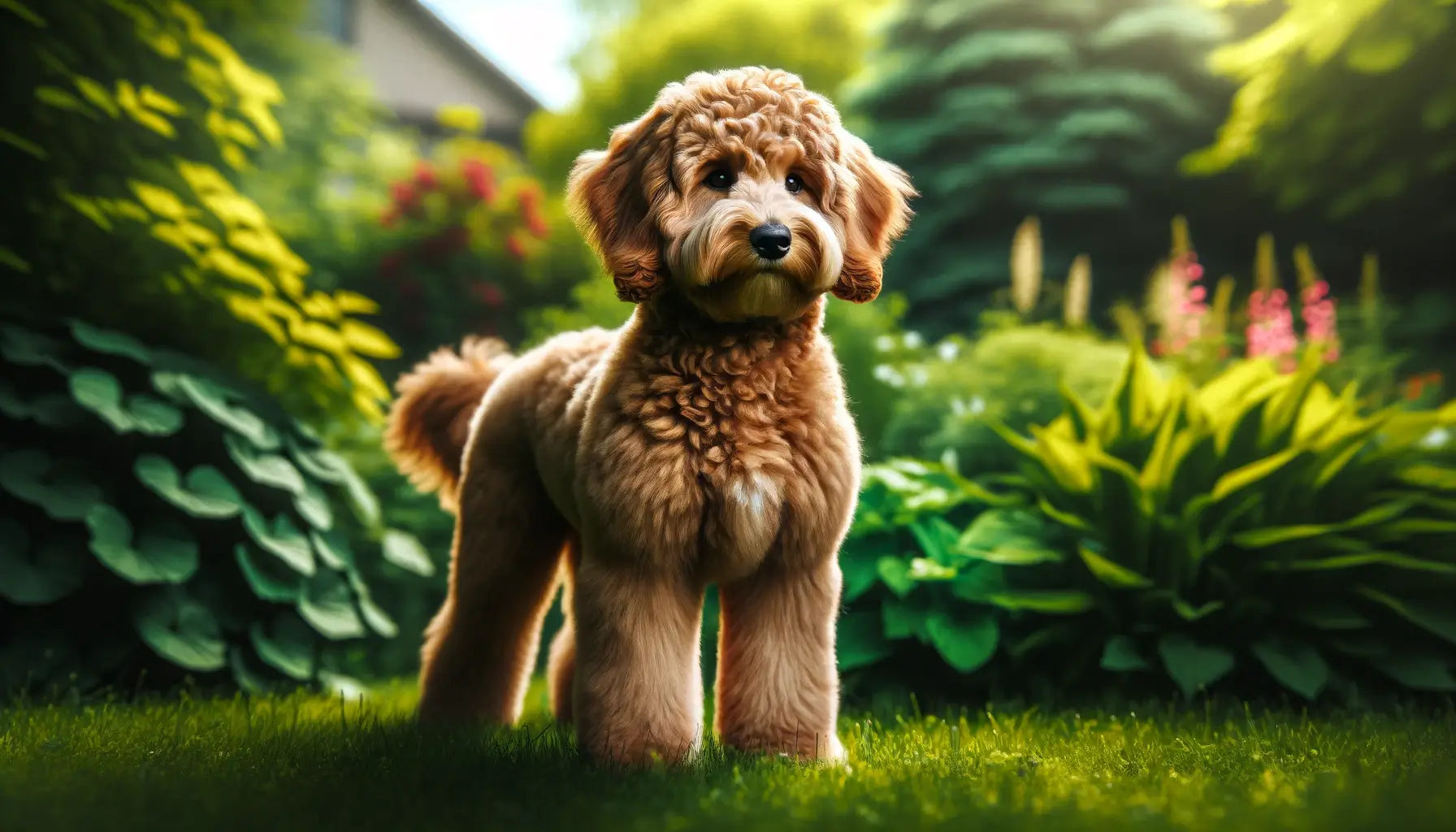 Teacup Goldendoodle highlighted in a lush green environment, the compact muscular build and attentive expression.