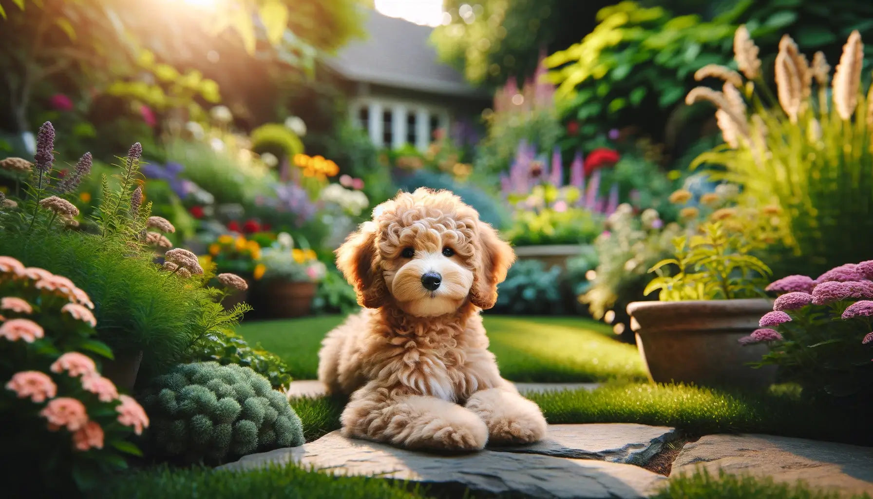 Teacup Goldendoodle is seen relaxing in a garden, its calm posture and petite size accentuating its ability to enjoy tranquil moments.