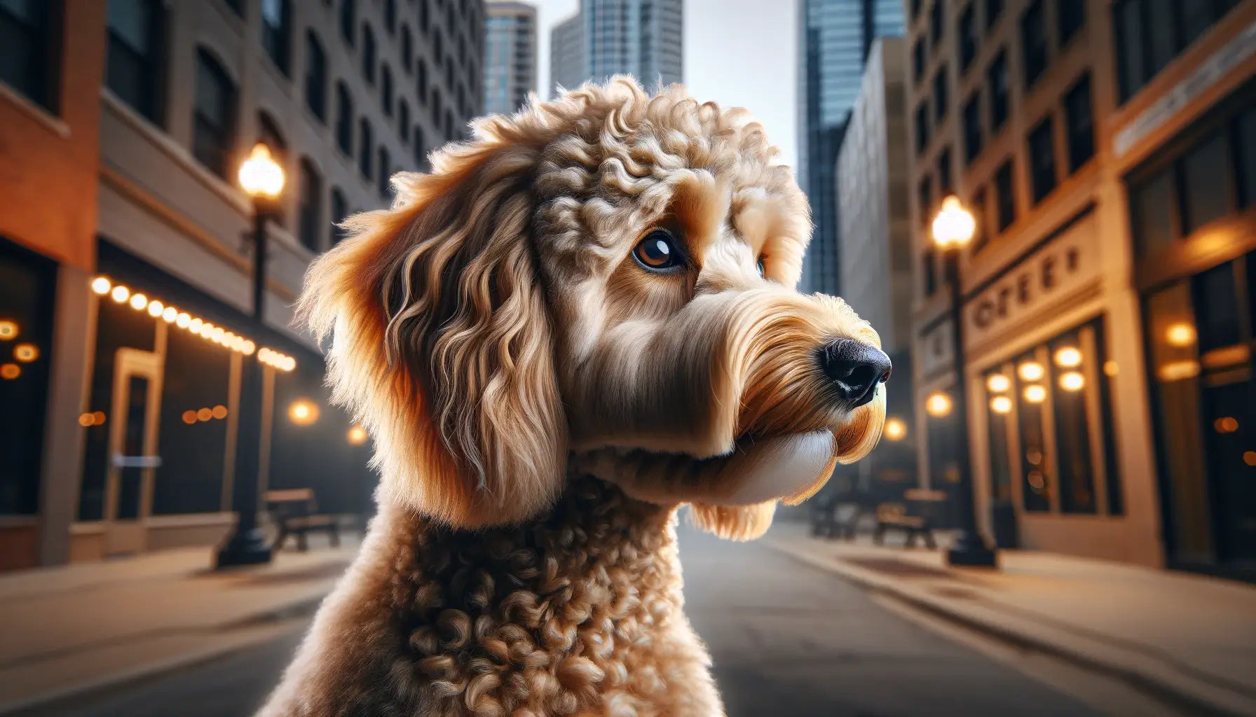 Teacup Goldendoodle showcased in a profile view within an urban setting, highlighting its alert expression and ability.